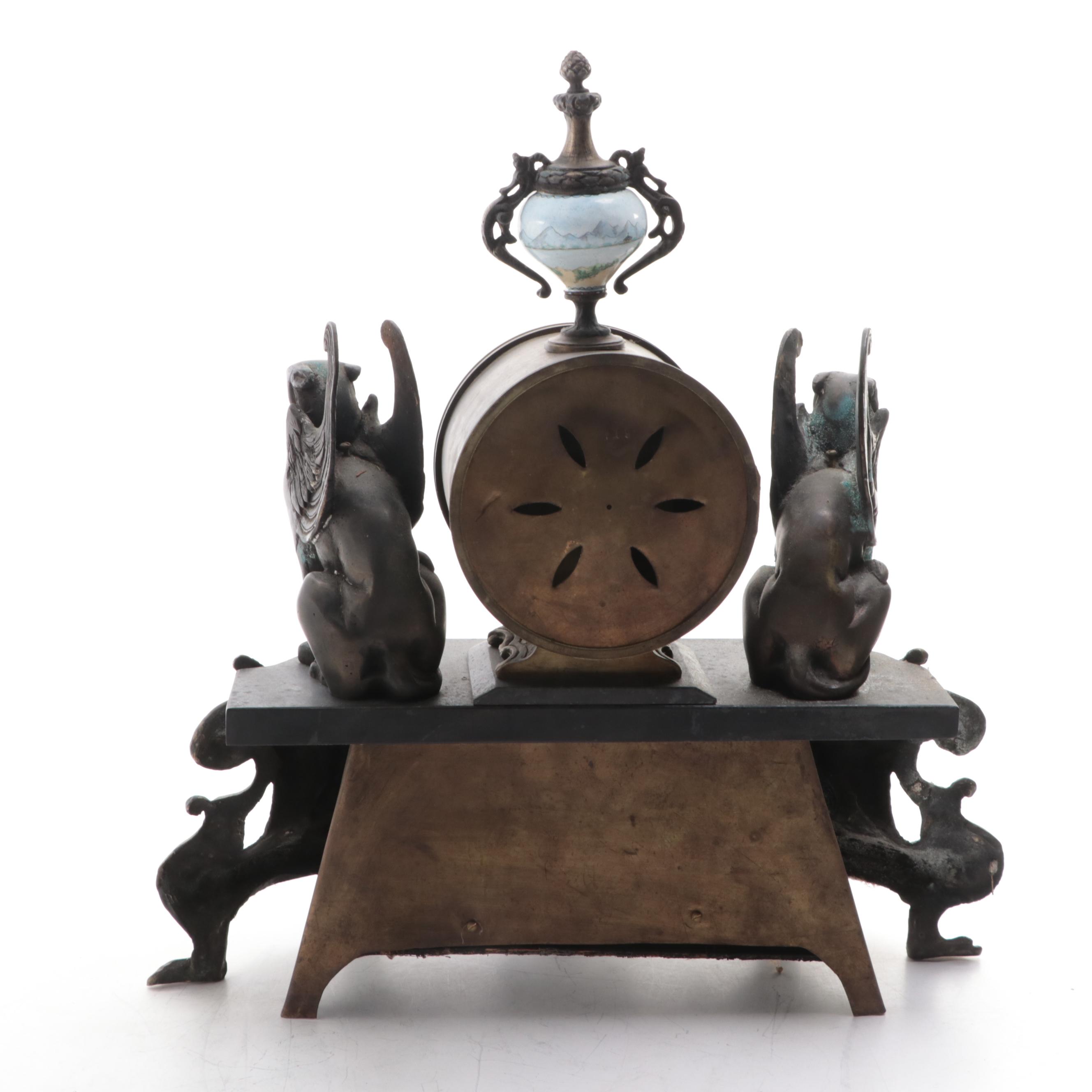 Rococo Style Metal and Porcelain Mantel Clock with Griffins