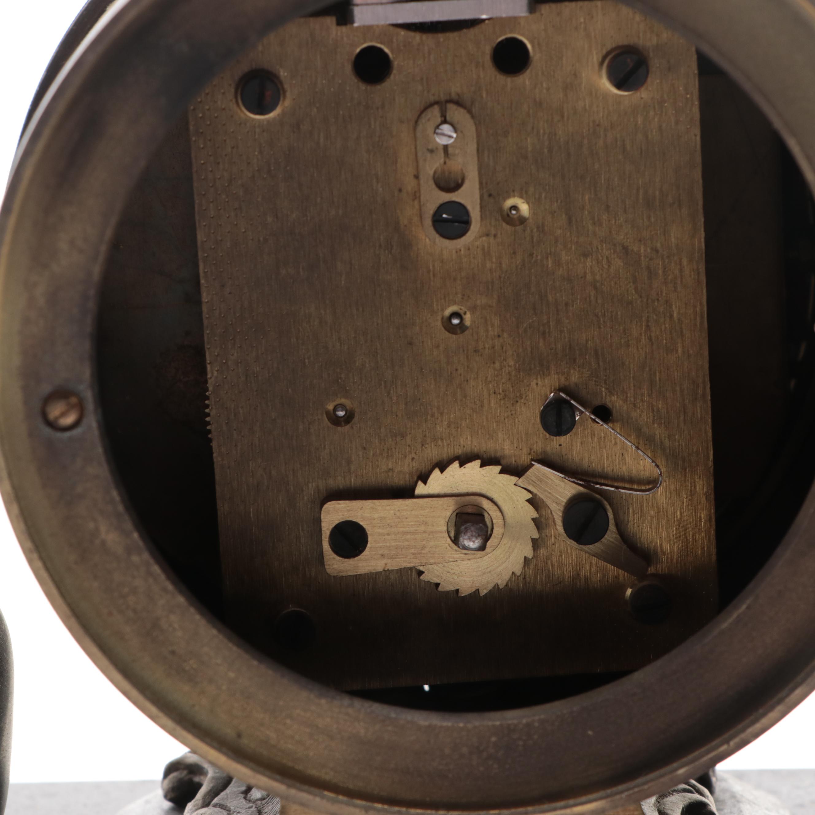 Rococo Style Metal and Porcelain Mantel Clock with Griffins