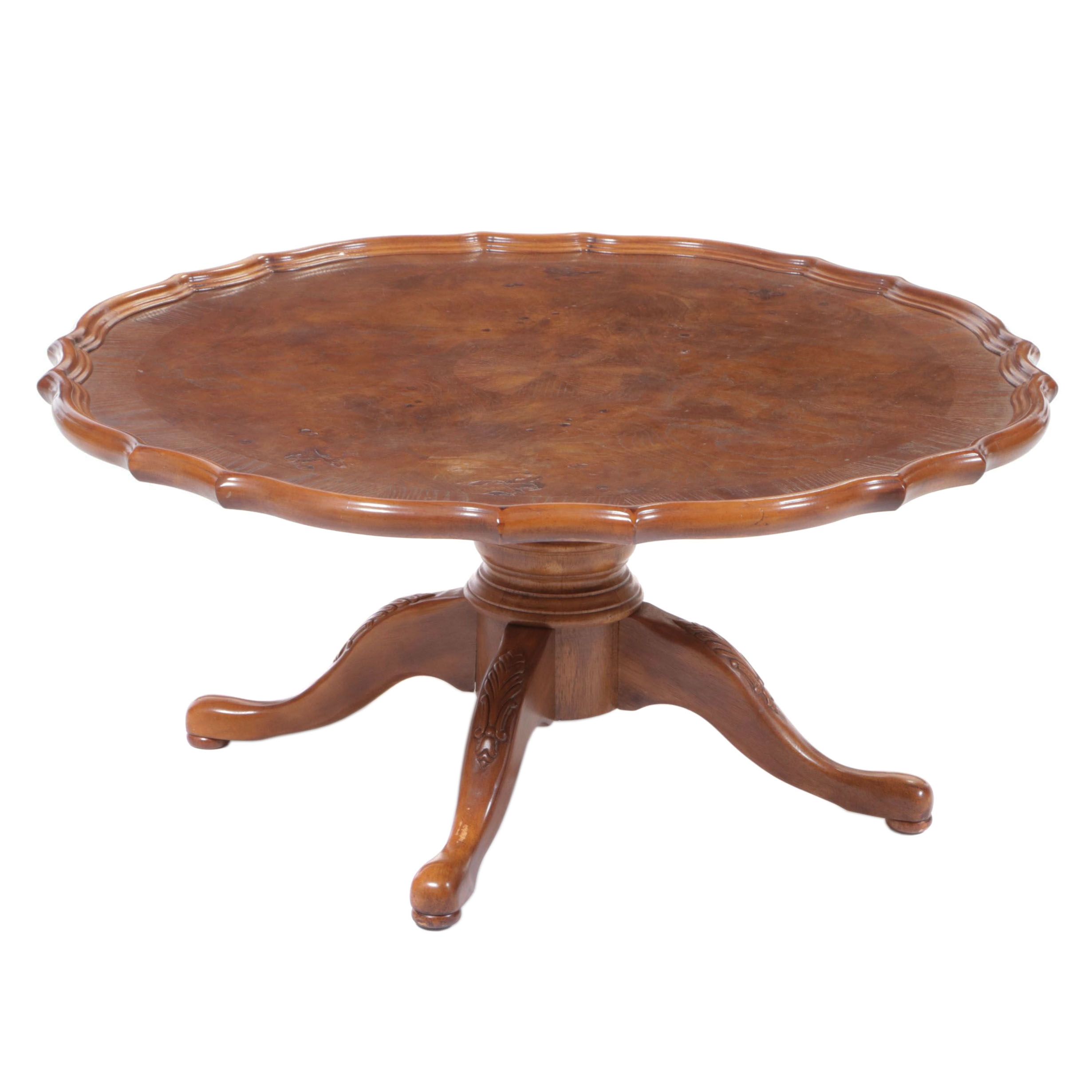 Queen Anne Style Coffee Table with Elm and Oak-Crossbanded Top, dated 1992
