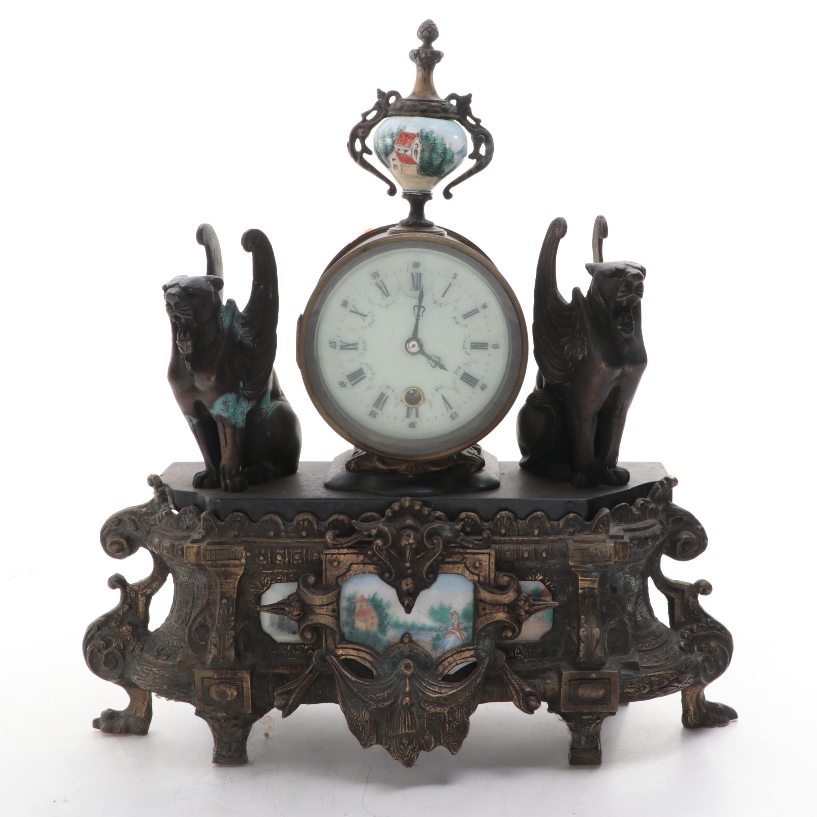 Rococo Style Metal and Porcelain Mantel Clock with Griffins