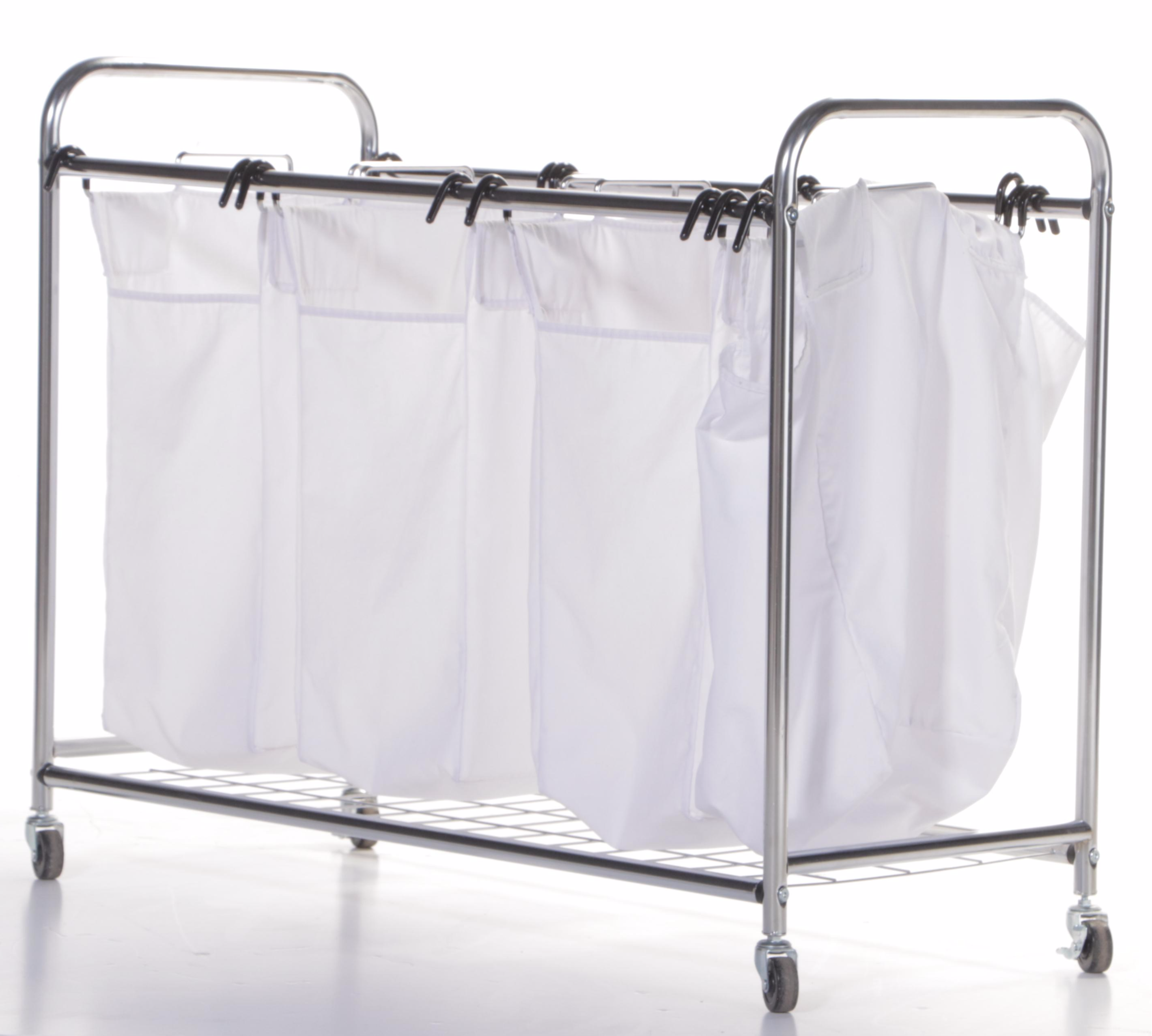 Divided Laundry Hamper on Casters With Stack of Clear Plastic Organizer Bins