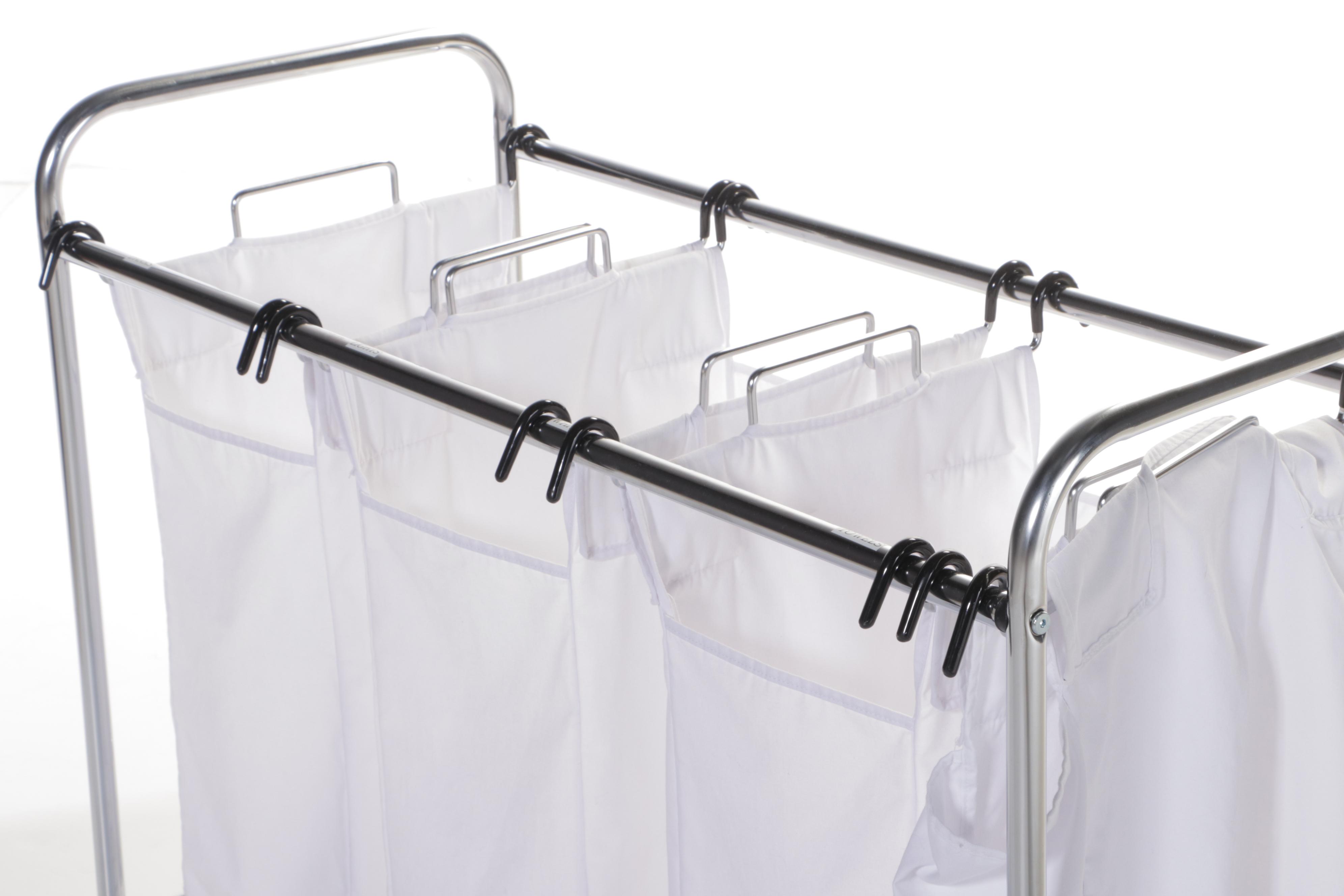 Divided Laundry Hamper on Casters With Stack of Clear Plastic Organizer Bins