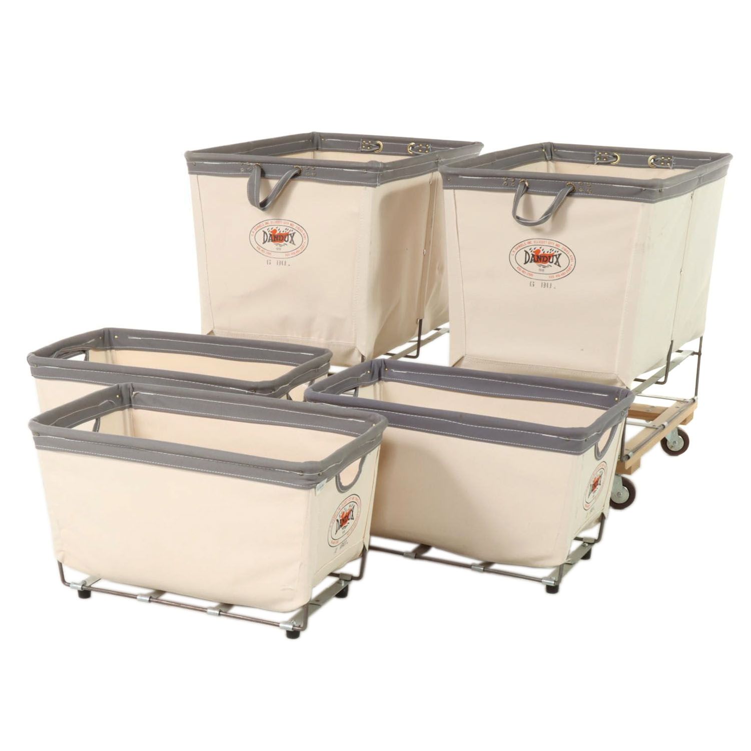 Five Restoration Hardware Dandux Canvas and Wheeled Laundry Carts