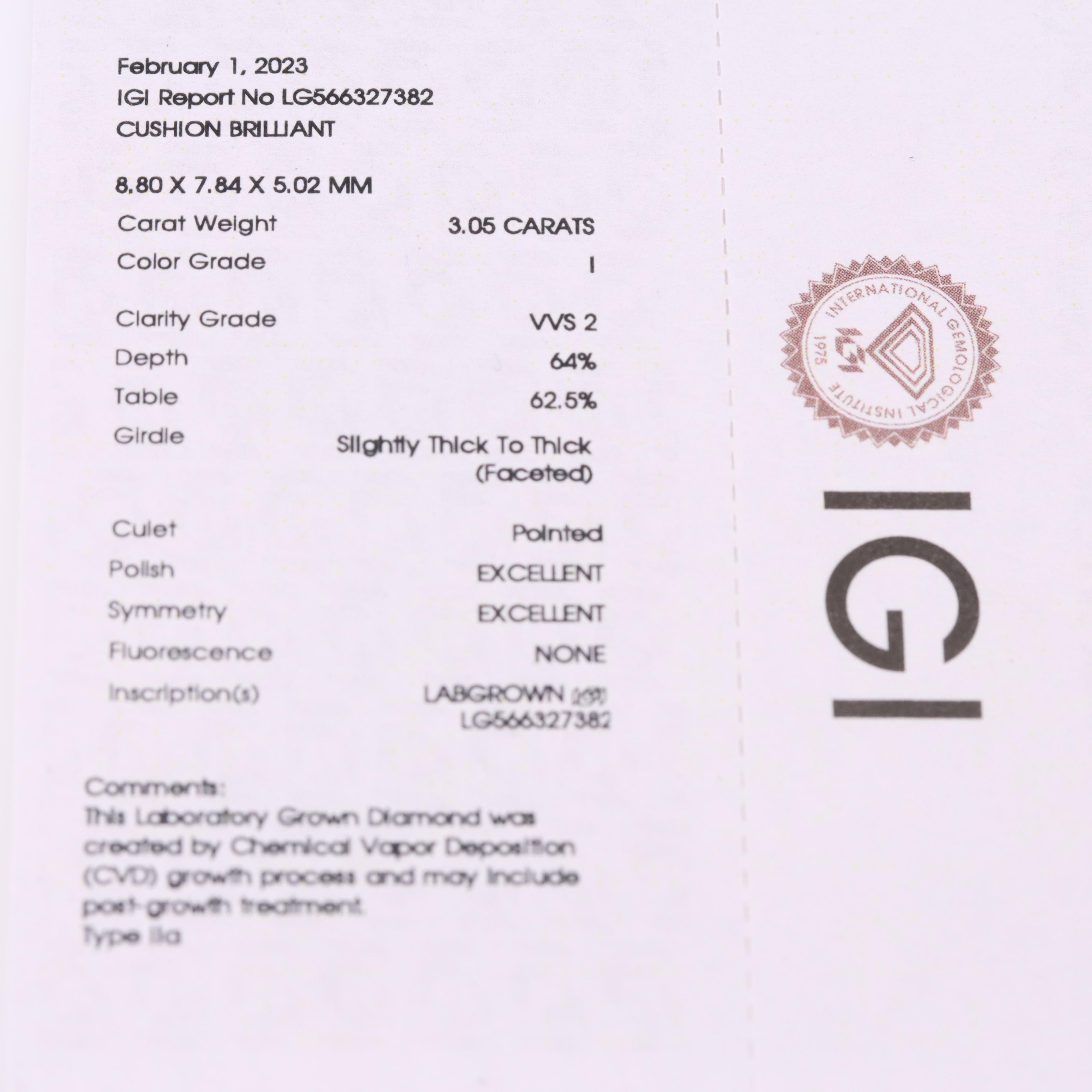 Loose 3.05 CT Cushion Brilliant Lab Grown Diamond with IGI Report