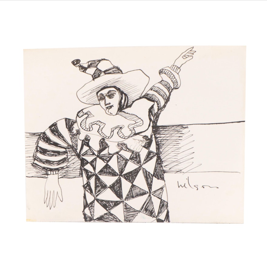 Harry Hilson Ink Drawing of Clown, Late 20th Century