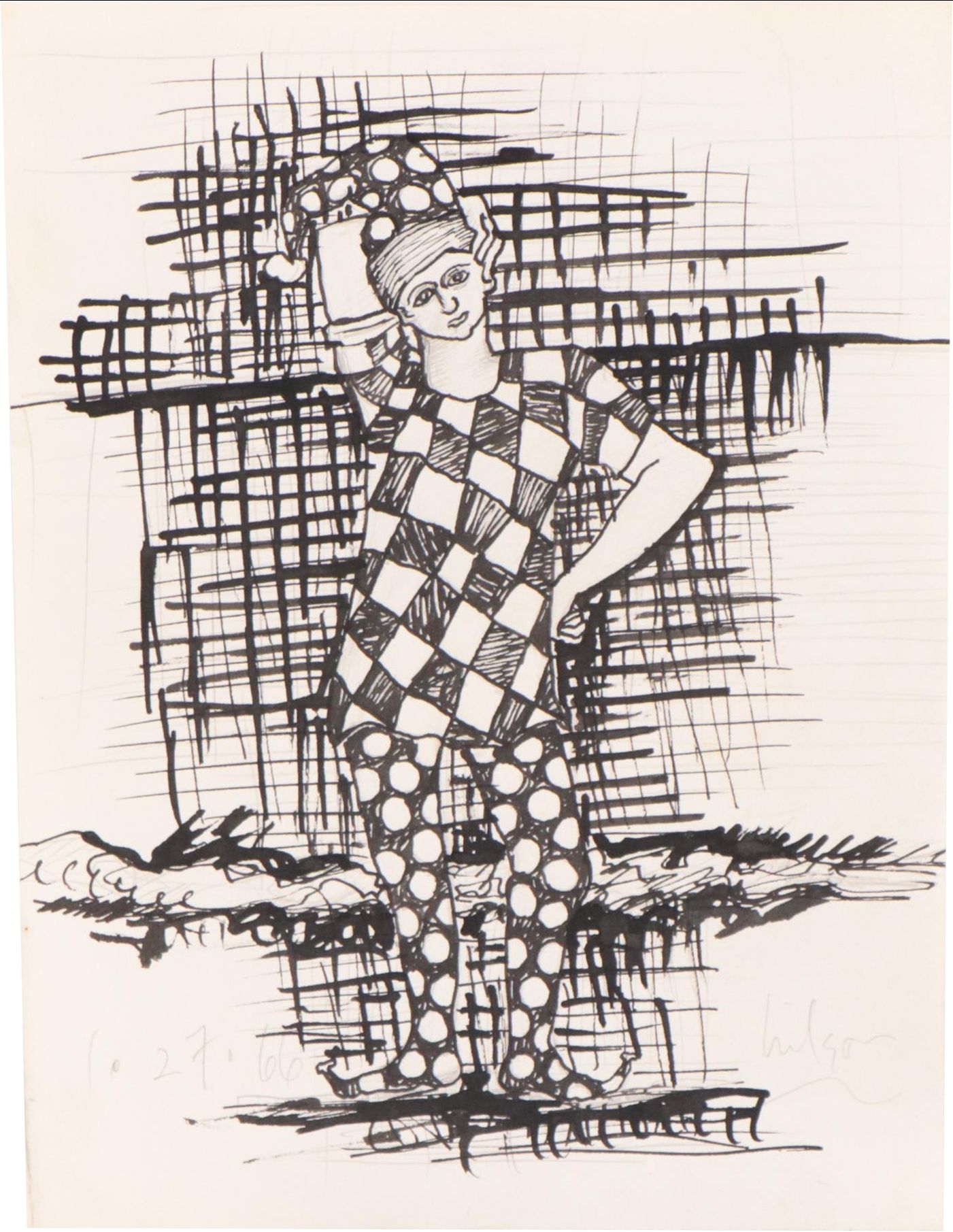Harry Hilson Figural Ink Drawing of a Jester, 1966