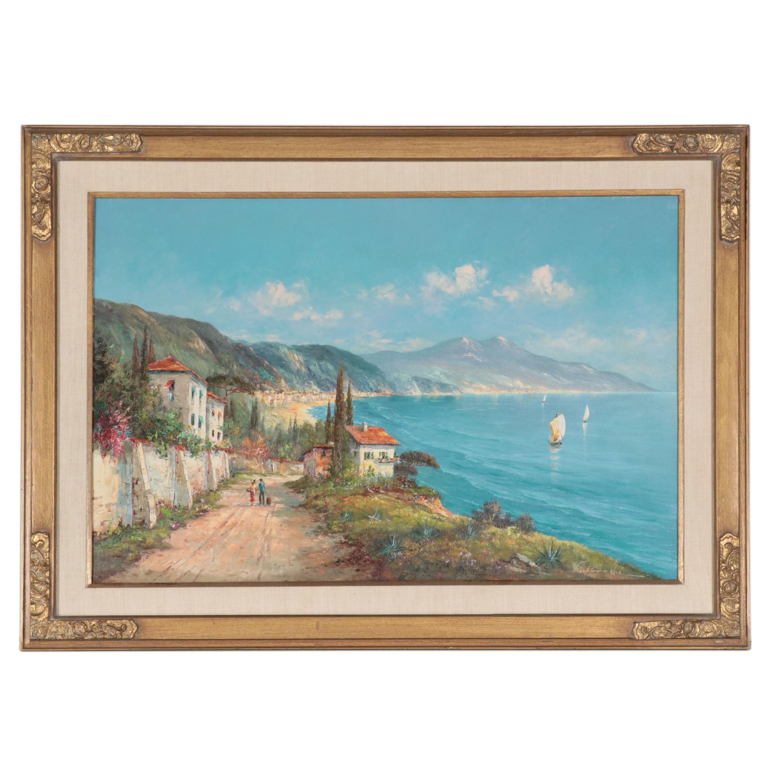 Harbor Scene Oil Painting of Coastal Village, Mid-20th Century