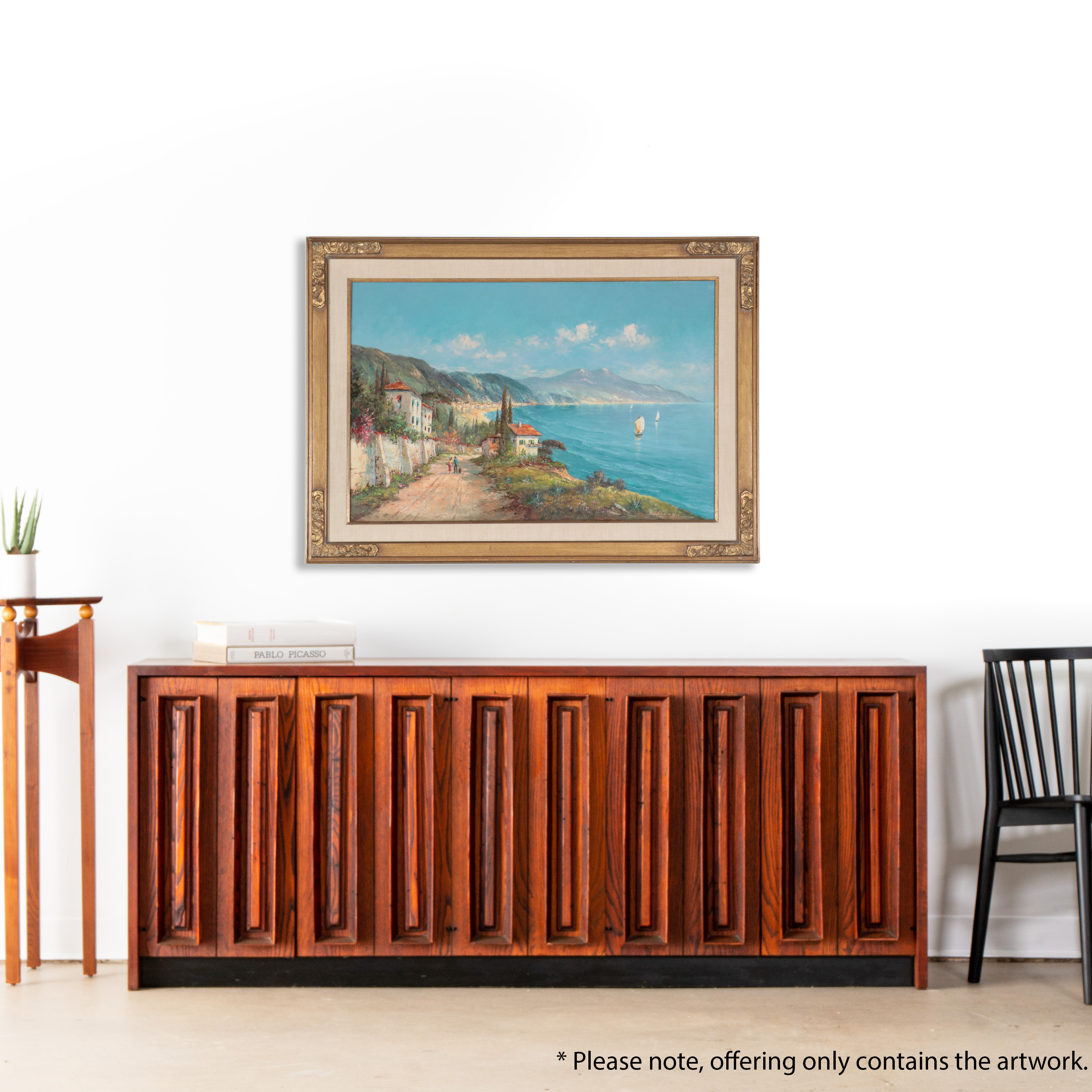 Harbor Scene Oil Painting of Coastal Village, Mid-20th Century