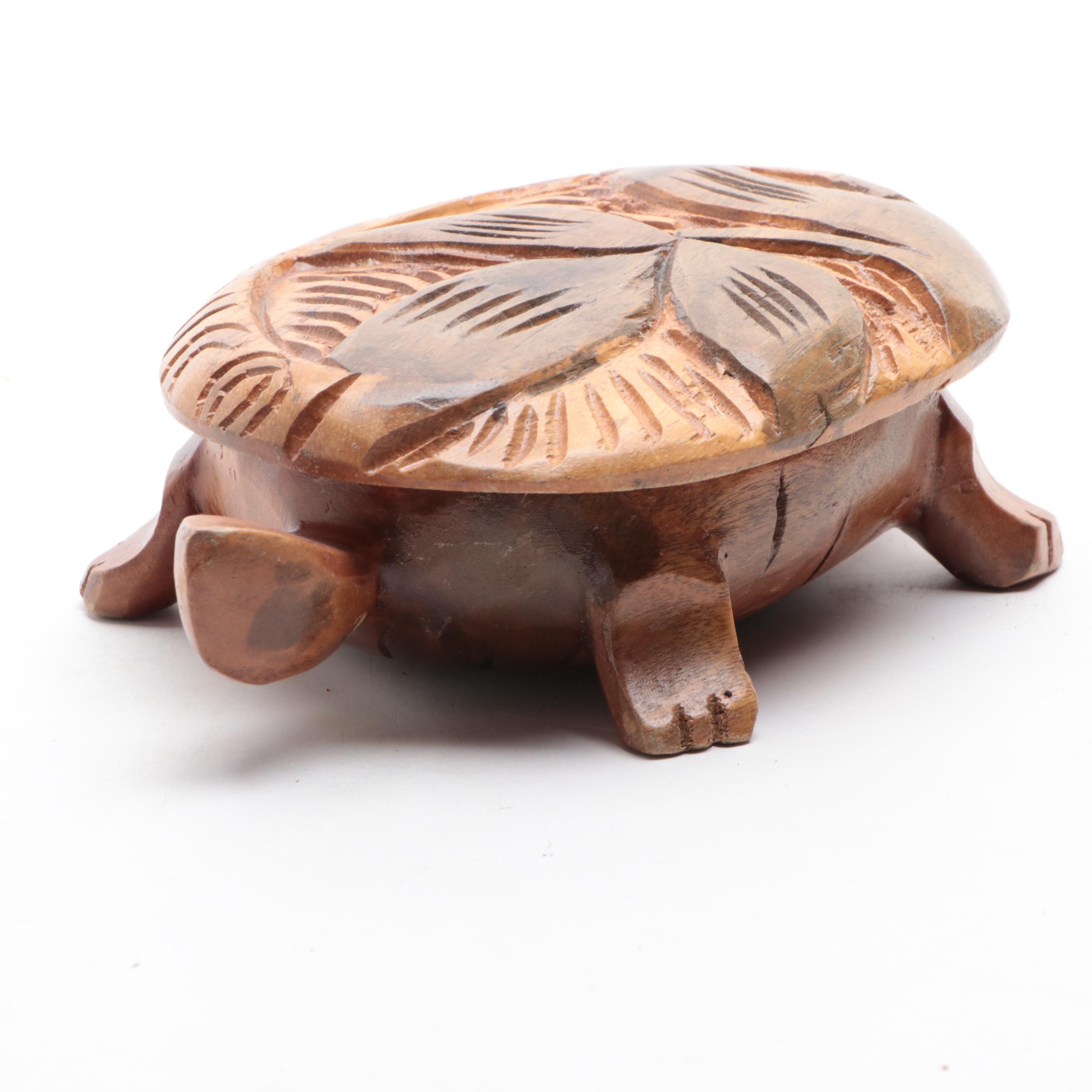Carved Monkey Pod Wooden Turtle Box and Vase