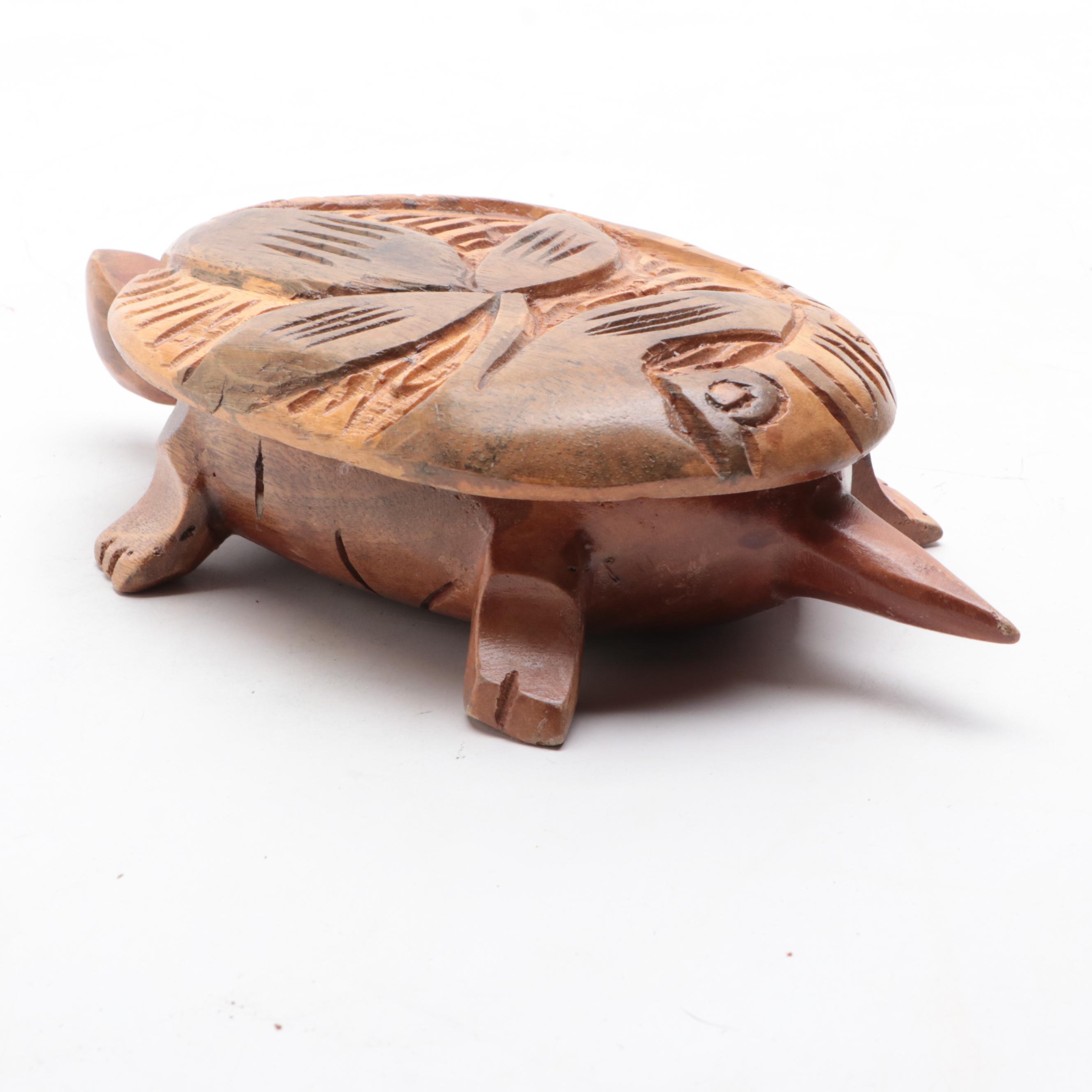 Carved Monkey Pod Wooden Turtle Box and Vase