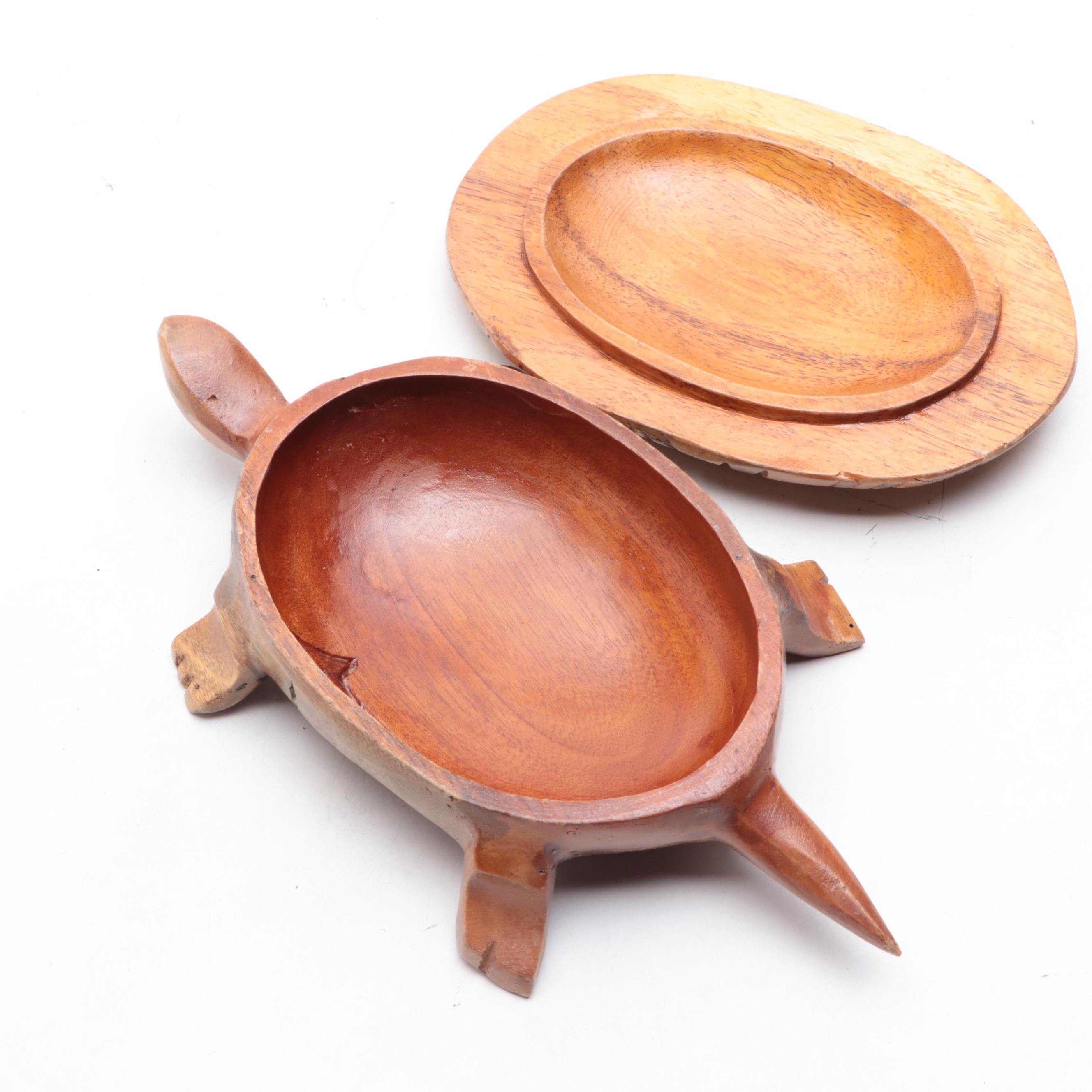 Carved Monkey Pod Wooden Turtle Box and Vase