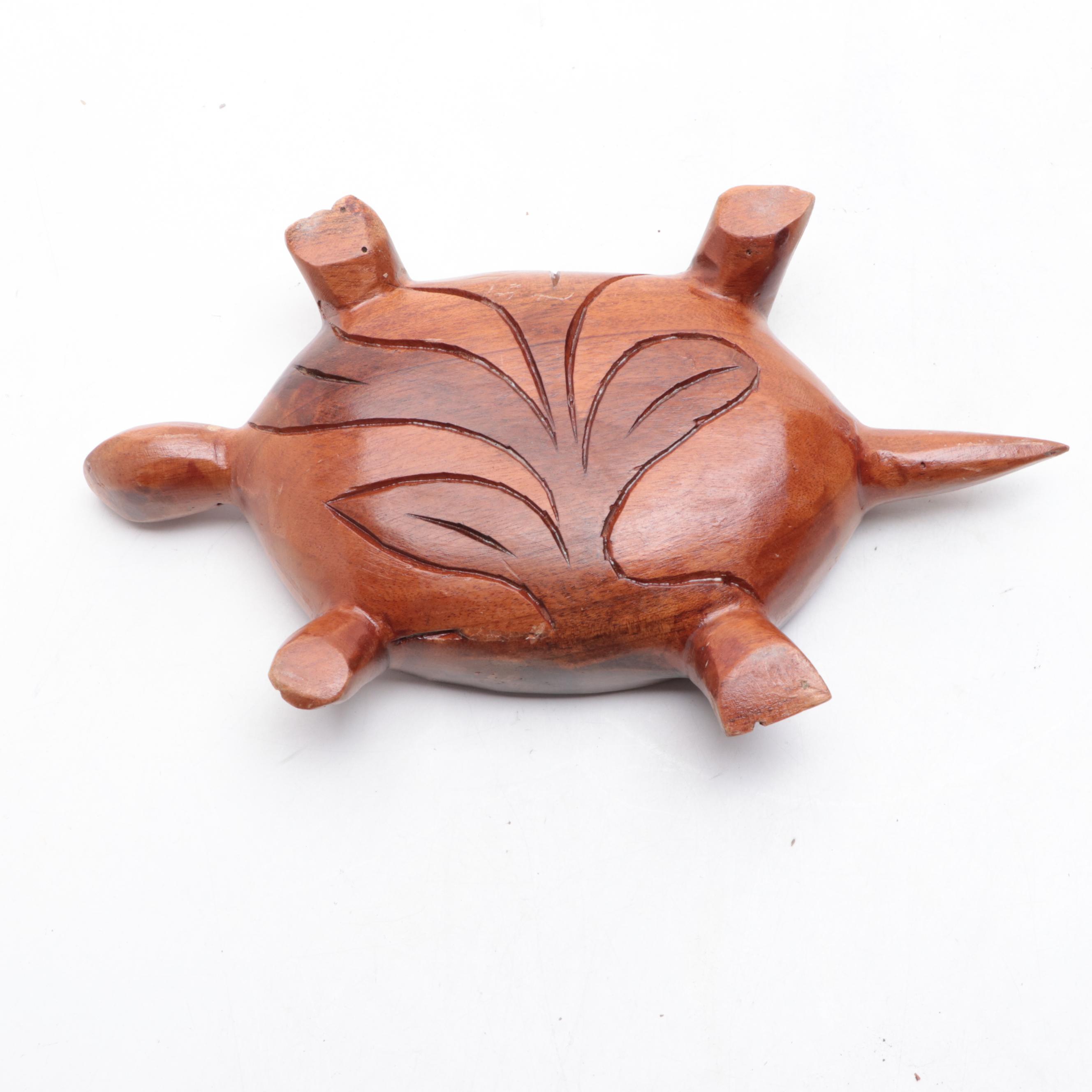 Carved Monkey Pod Wooden Turtle Box and Vase