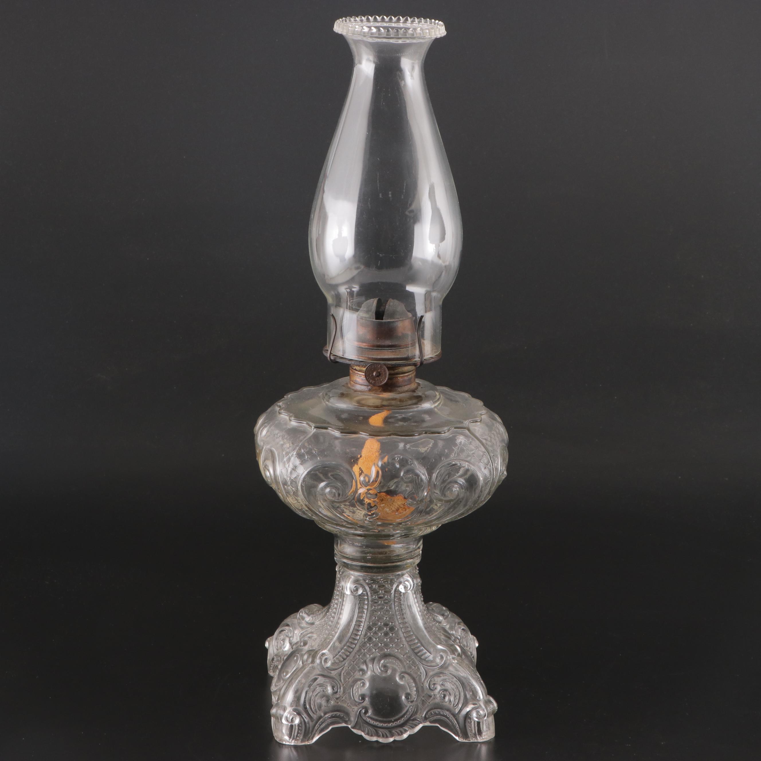 Plume & Atwood Pressed Glass Oil Lamp With Aladdin Oil Lamp, Adapted Mid-20th C