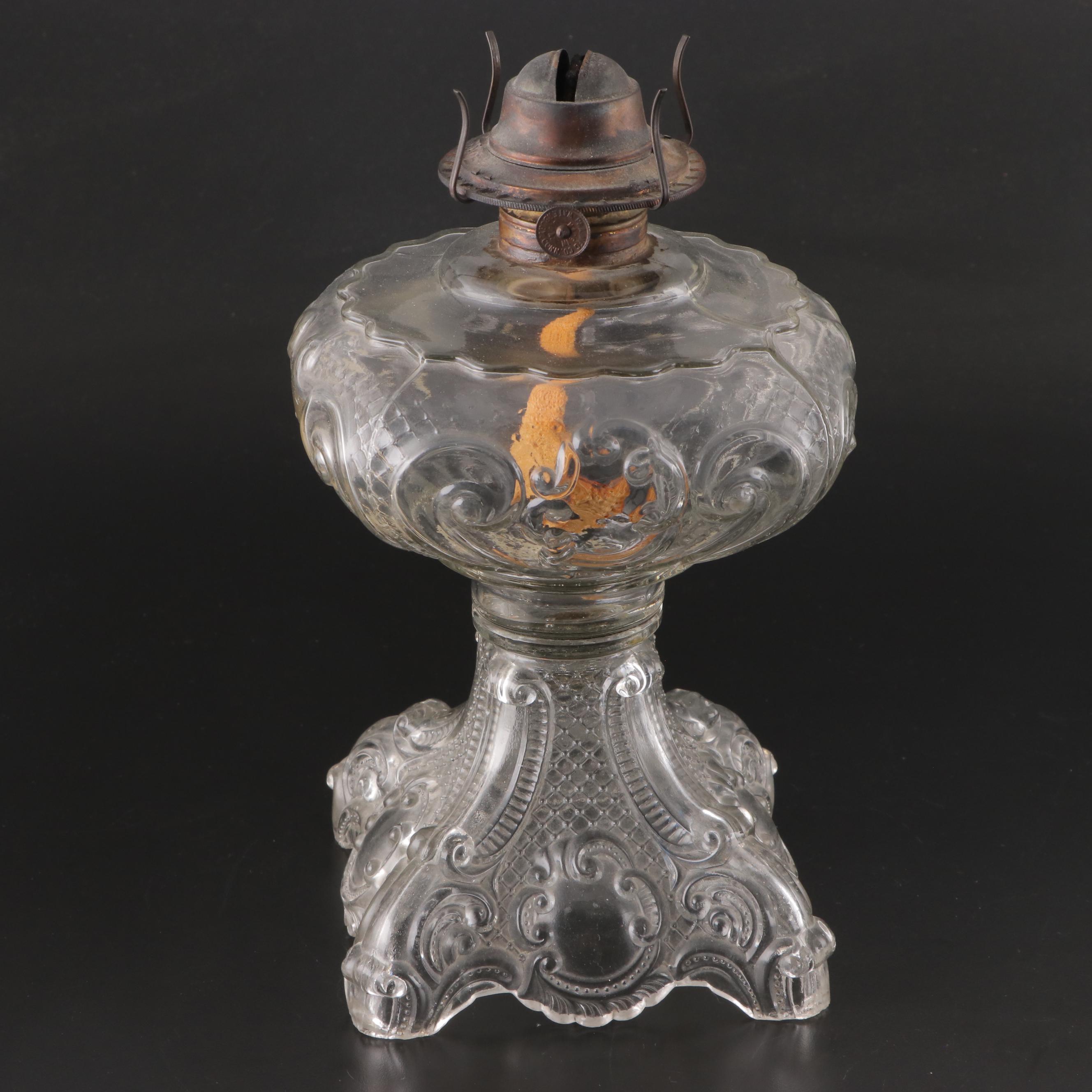 Plume & Atwood Pressed Glass Oil Lamp With Aladdin Oil Lamp, Adapted Mid-20th C