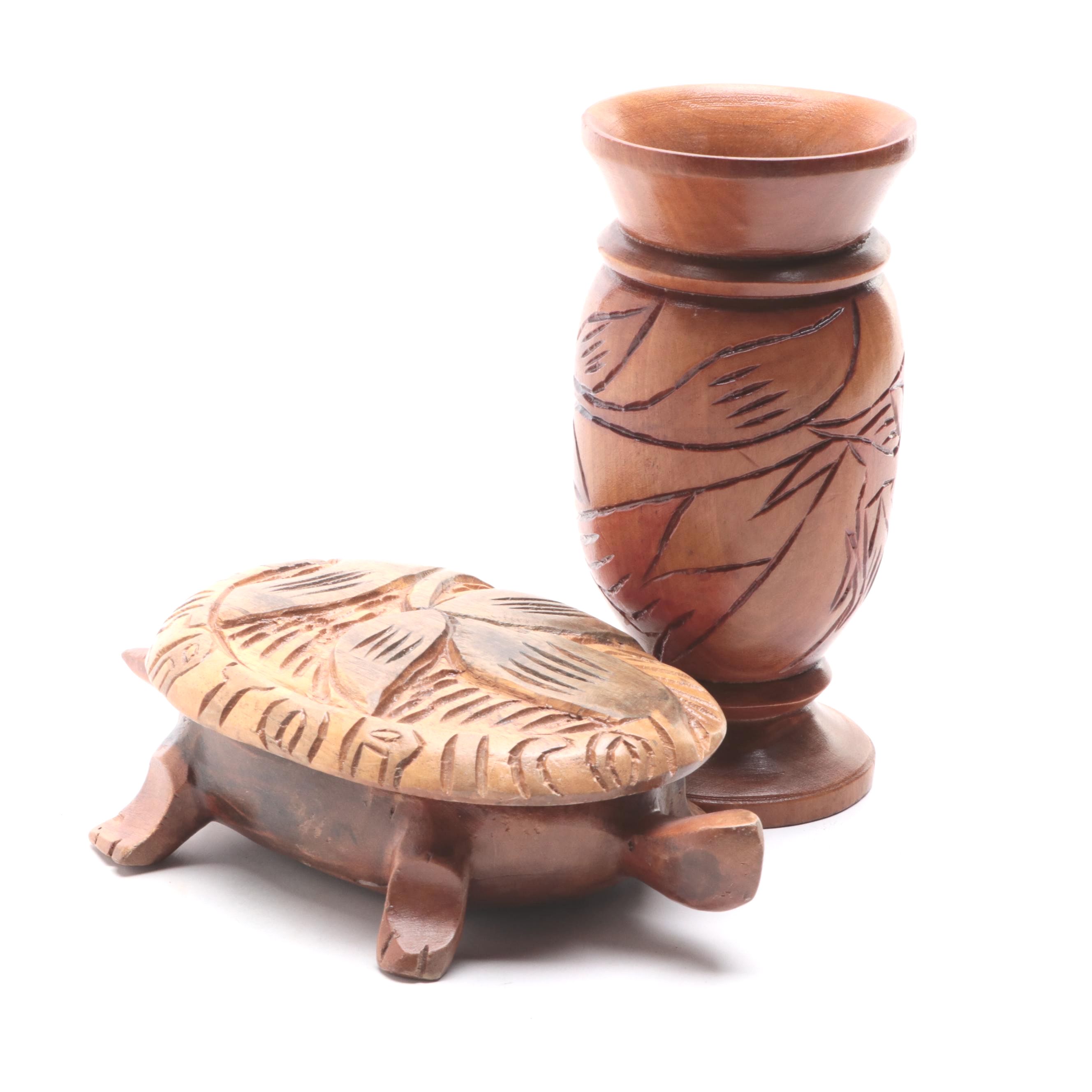 Carved Monkey Pod Wooden Turtle Box and Vase