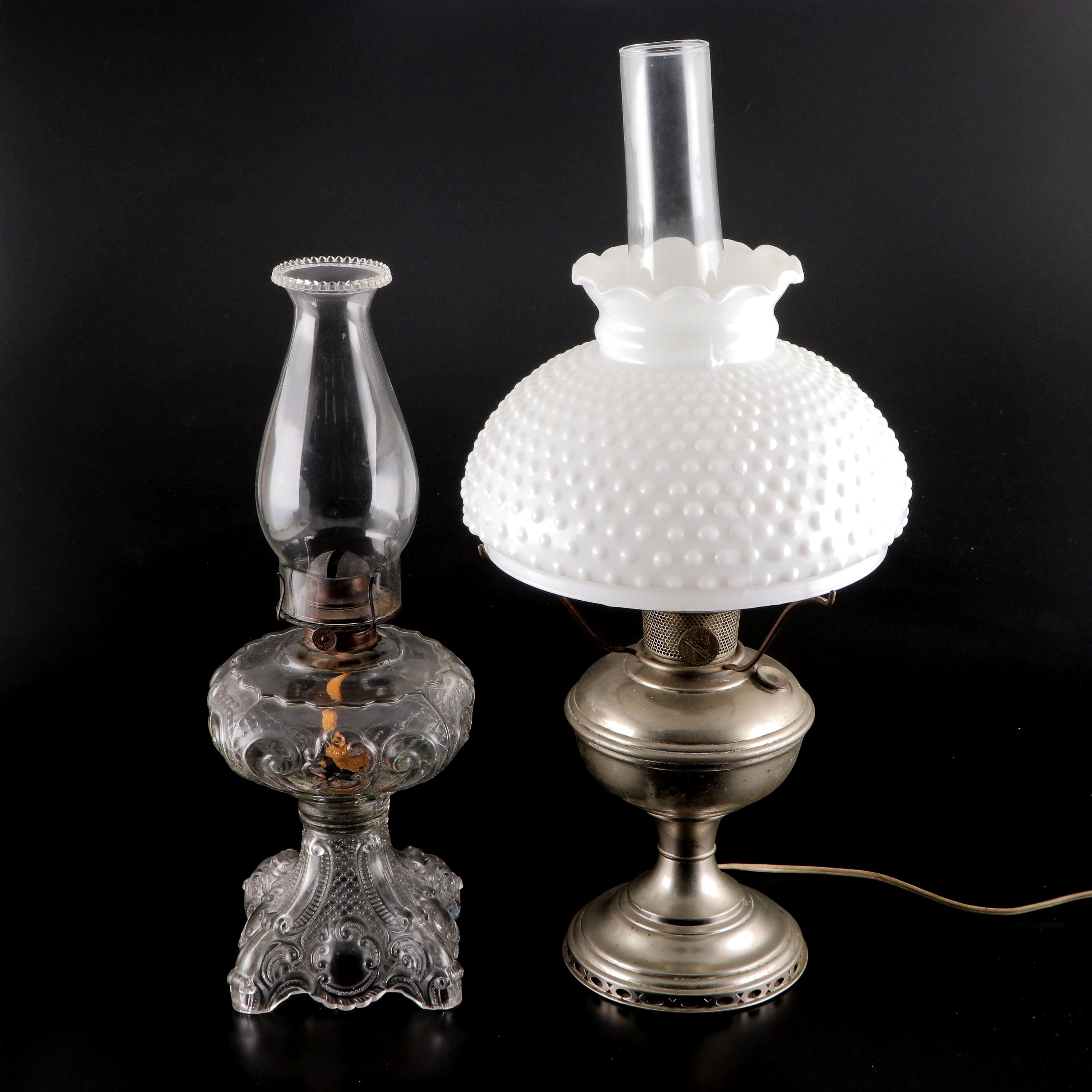 Plume & Atwood Pressed Glass Oil Lamp With Aladdin Oil Lamp, Adapted Mid-20th C