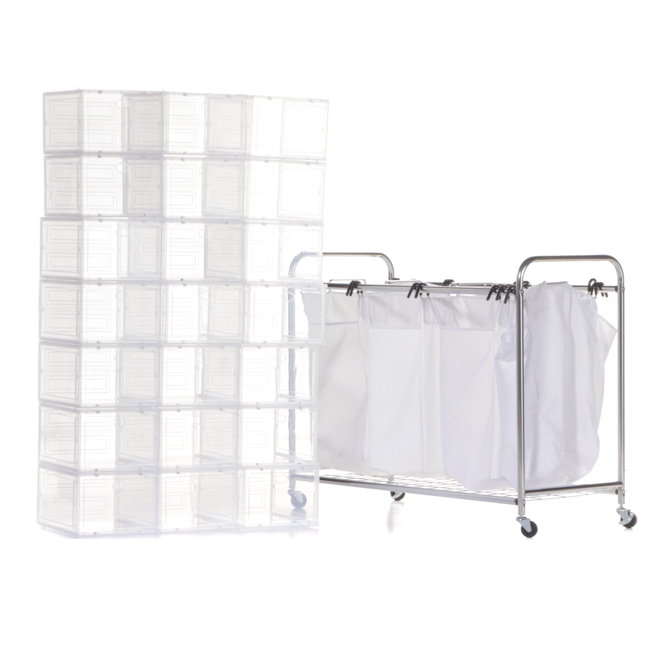 Divided Laundry Hamper on Casters With Stack of Clear Plastic Organizer Bins
