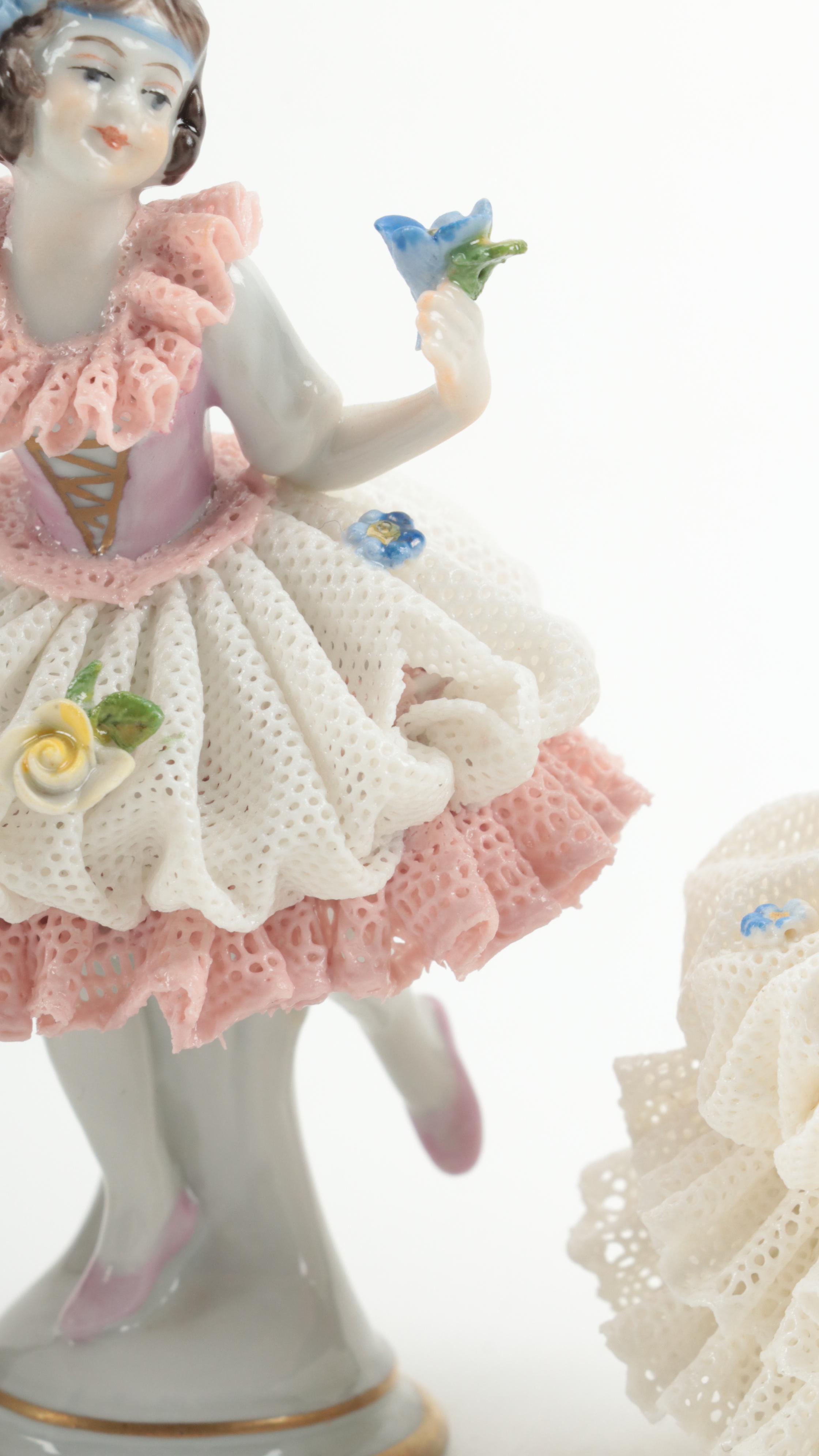 Volkstedt German Dresden Style Porcelain Lace Figurines, Mid-20th Century