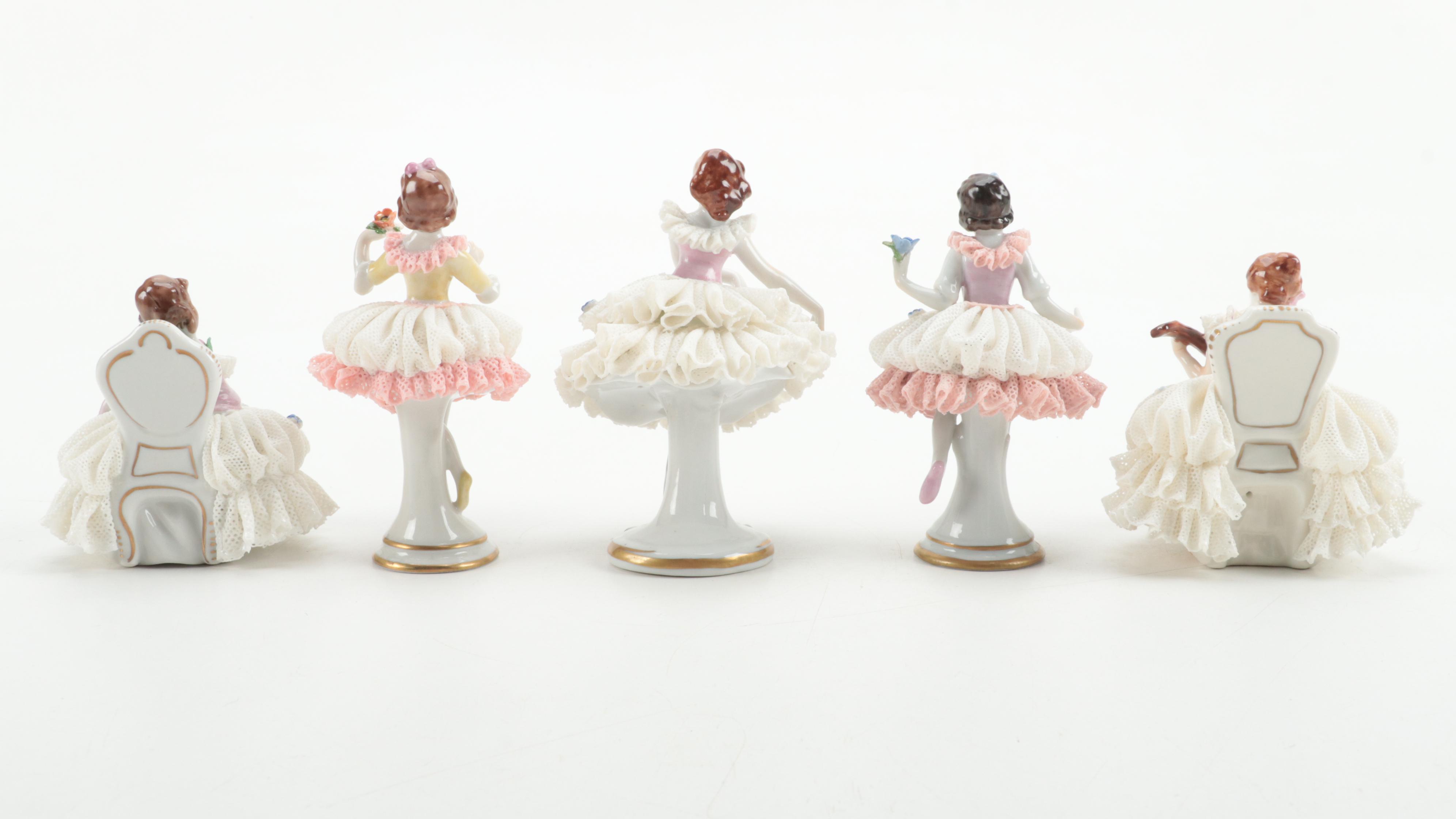 Volkstedt German Dresden Style Porcelain Lace Figurines, Mid-20th Century