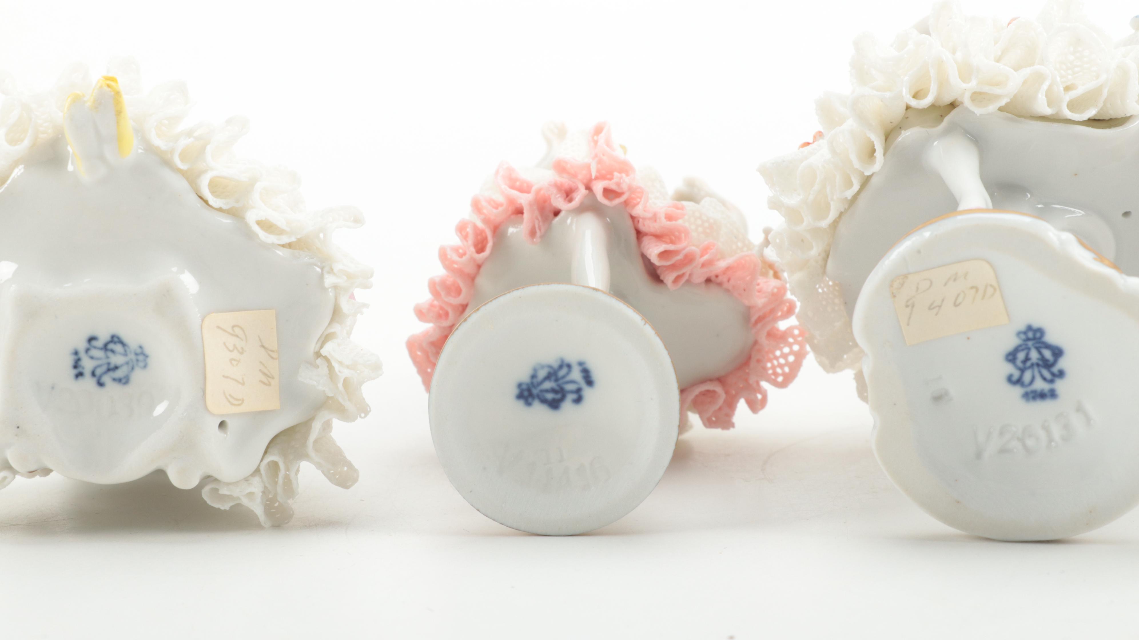 Volkstedt German Dresden Style Porcelain Lace Figurines, Mid-20th Century