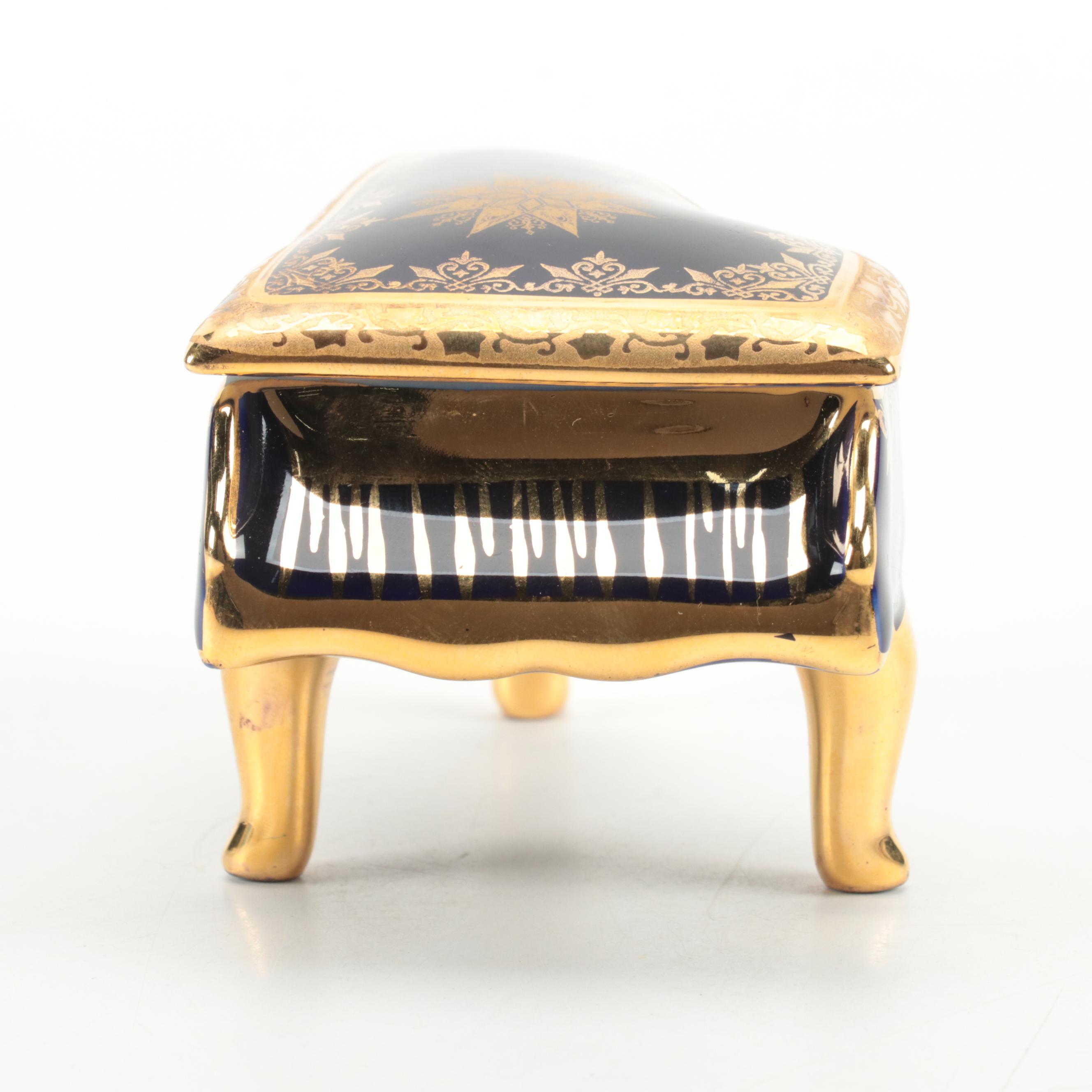 Fontanille and Marraud Limoges Gilt Cobalt Porcelain Grand Piano Trinket Box
