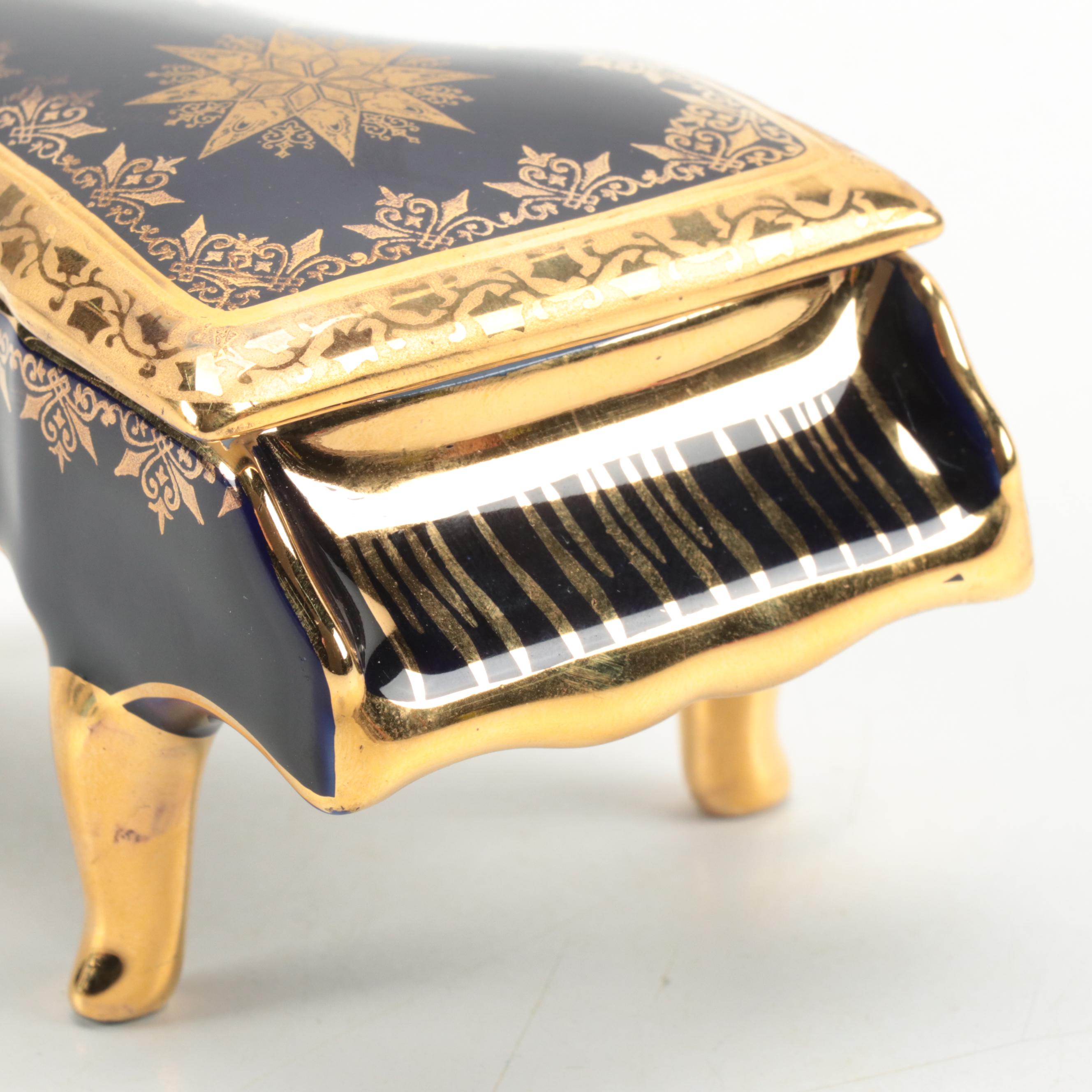 Fontanille and Marraud Limoges Gilt Cobalt Porcelain Grand Piano Trinket Box