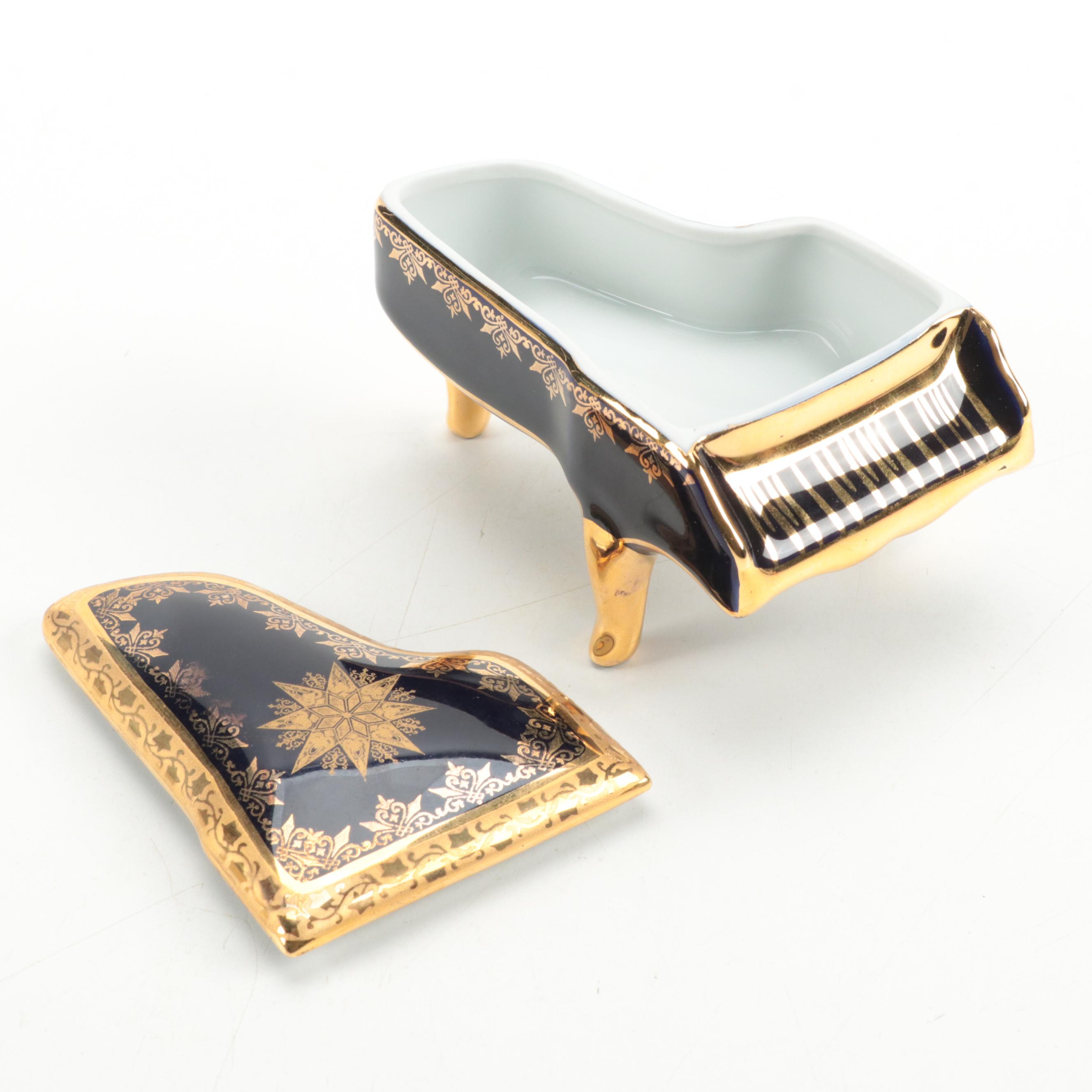 Fontanille and Marraud Limoges Gilt Cobalt Porcelain Grand Piano Trinket Box