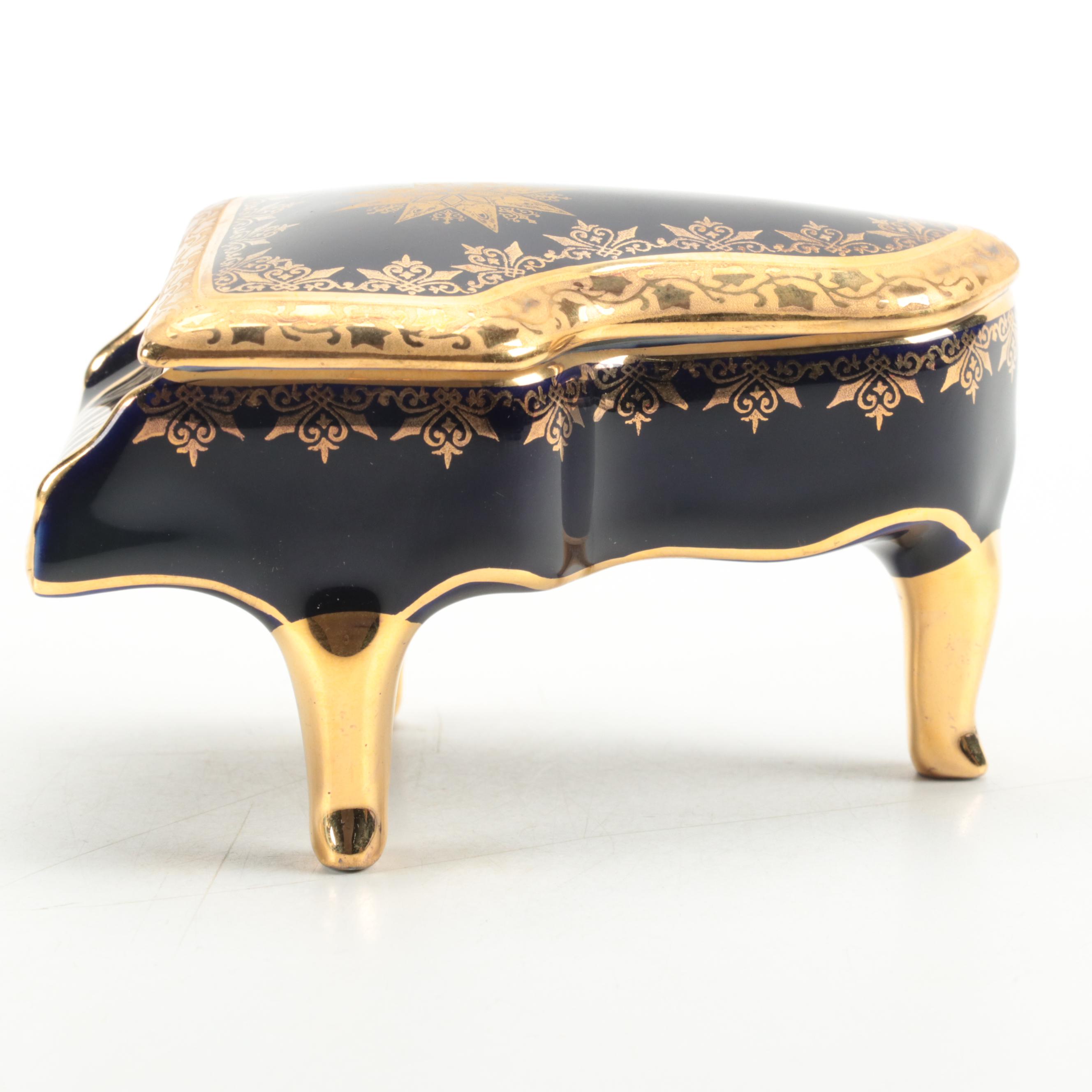 Fontanille and Marraud Limoges Gilt Cobalt Porcelain Grand Piano Trinket Box