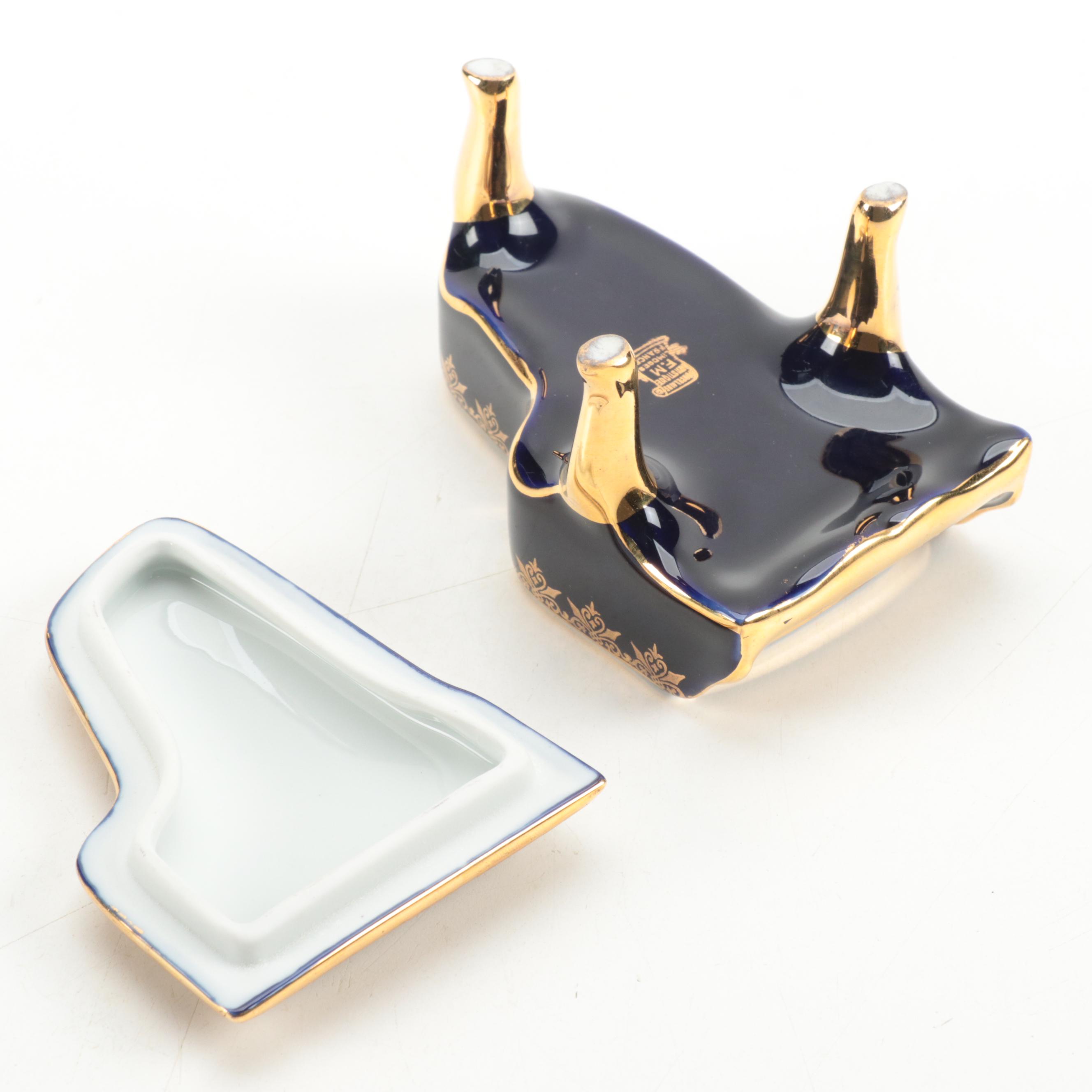 Fontanille and Marraud Limoges Gilt Cobalt Porcelain Grand Piano Trinket Box