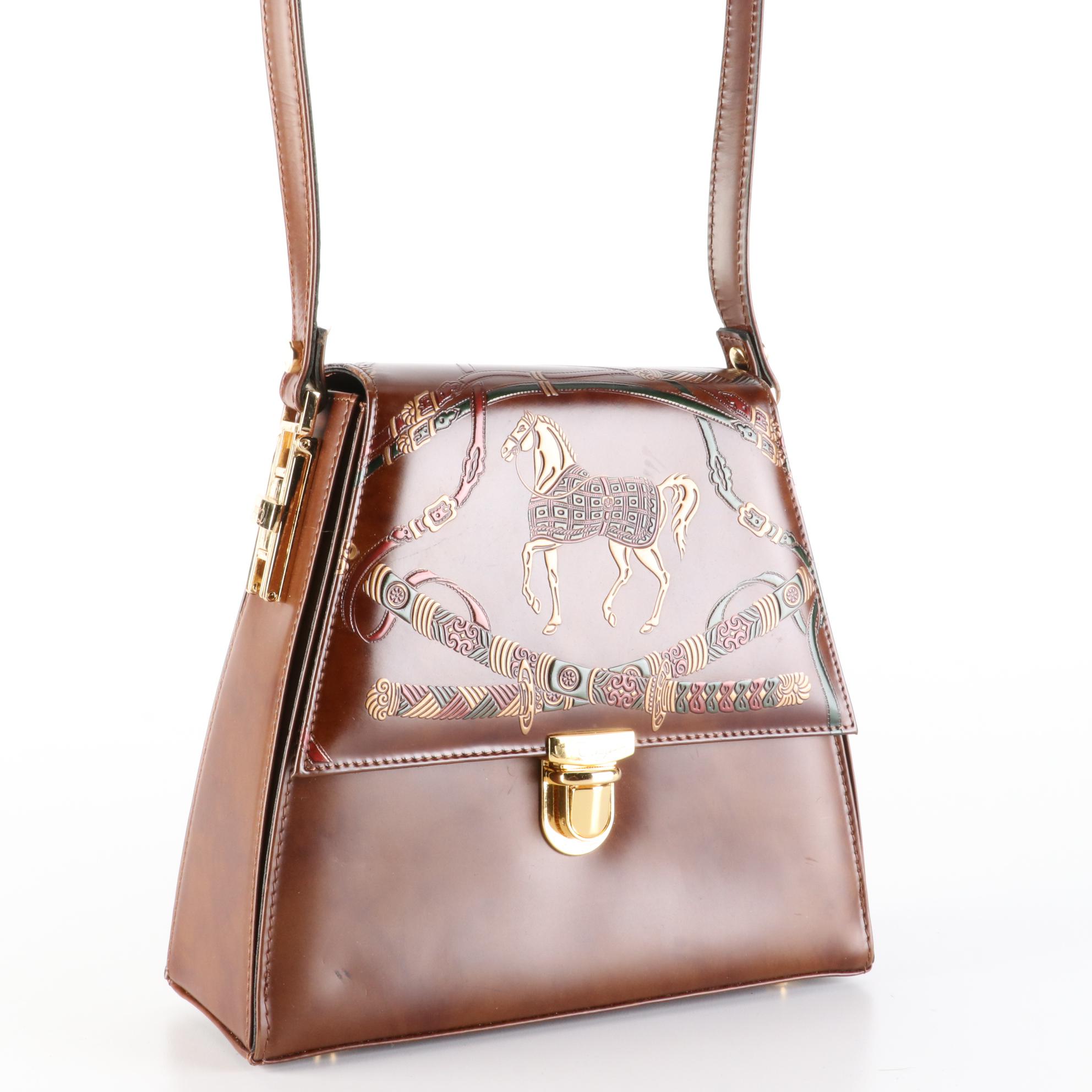 Calja Vera Pelle Shoulder Bag in Leather and Burlap Tote with Horse Motif