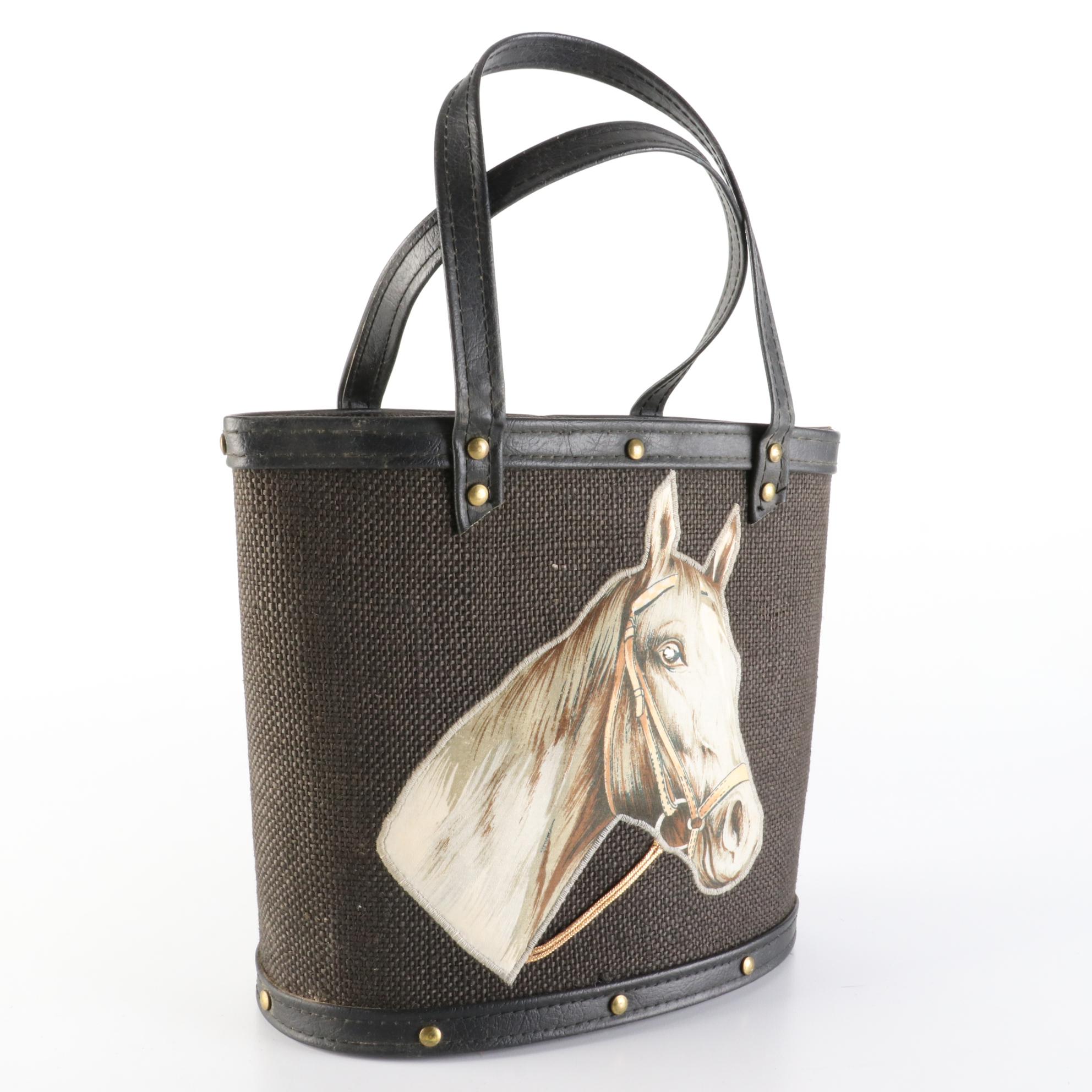 Calja Vera Pelle Shoulder Bag in Leather and Burlap Tote with Horse Motif
