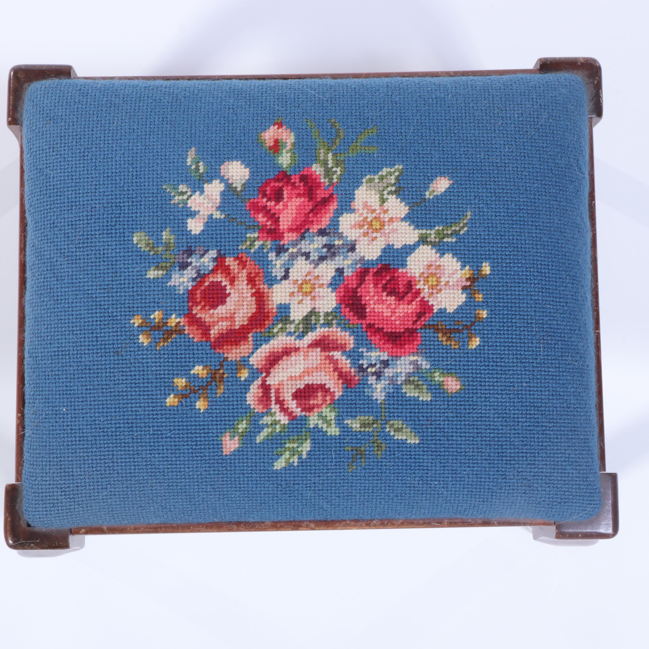 Floral Needlepoint Upholstered Wood Footstool, 20th Century