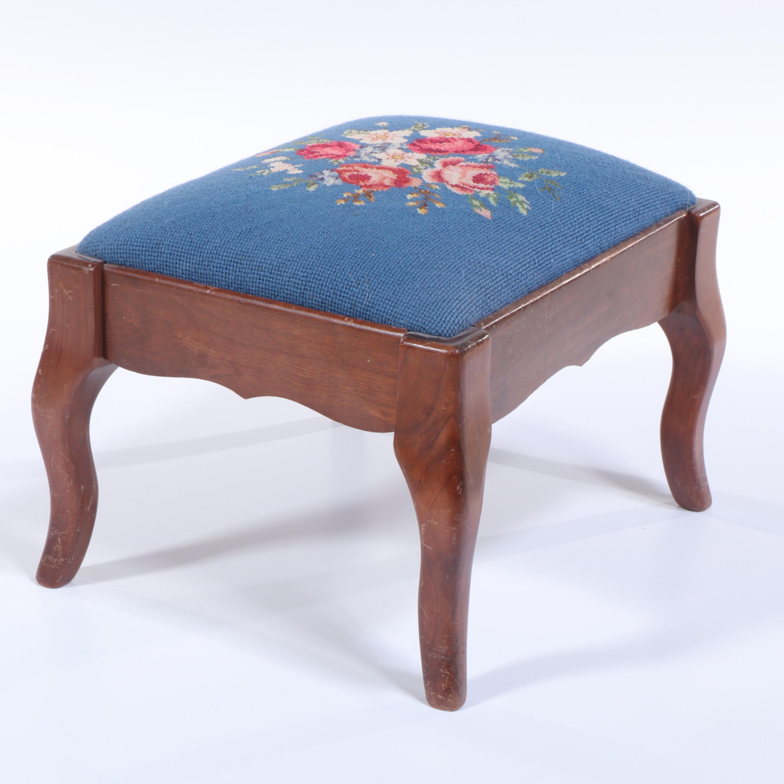 Floral Needlepoint Upholstered Wood Footstool, 20th Century