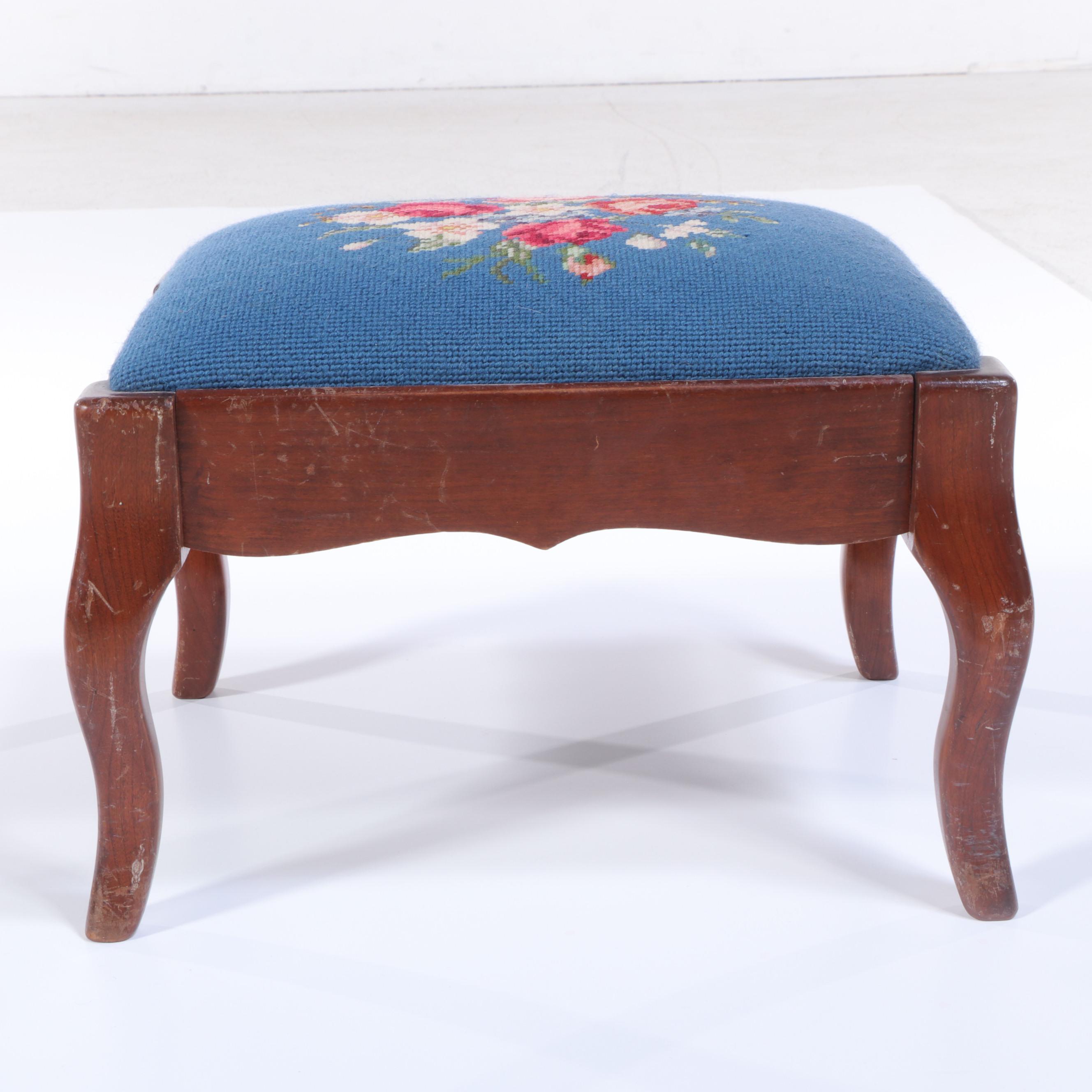 Floral Needlepoint Upholstered Wood Footstool, 20th Century