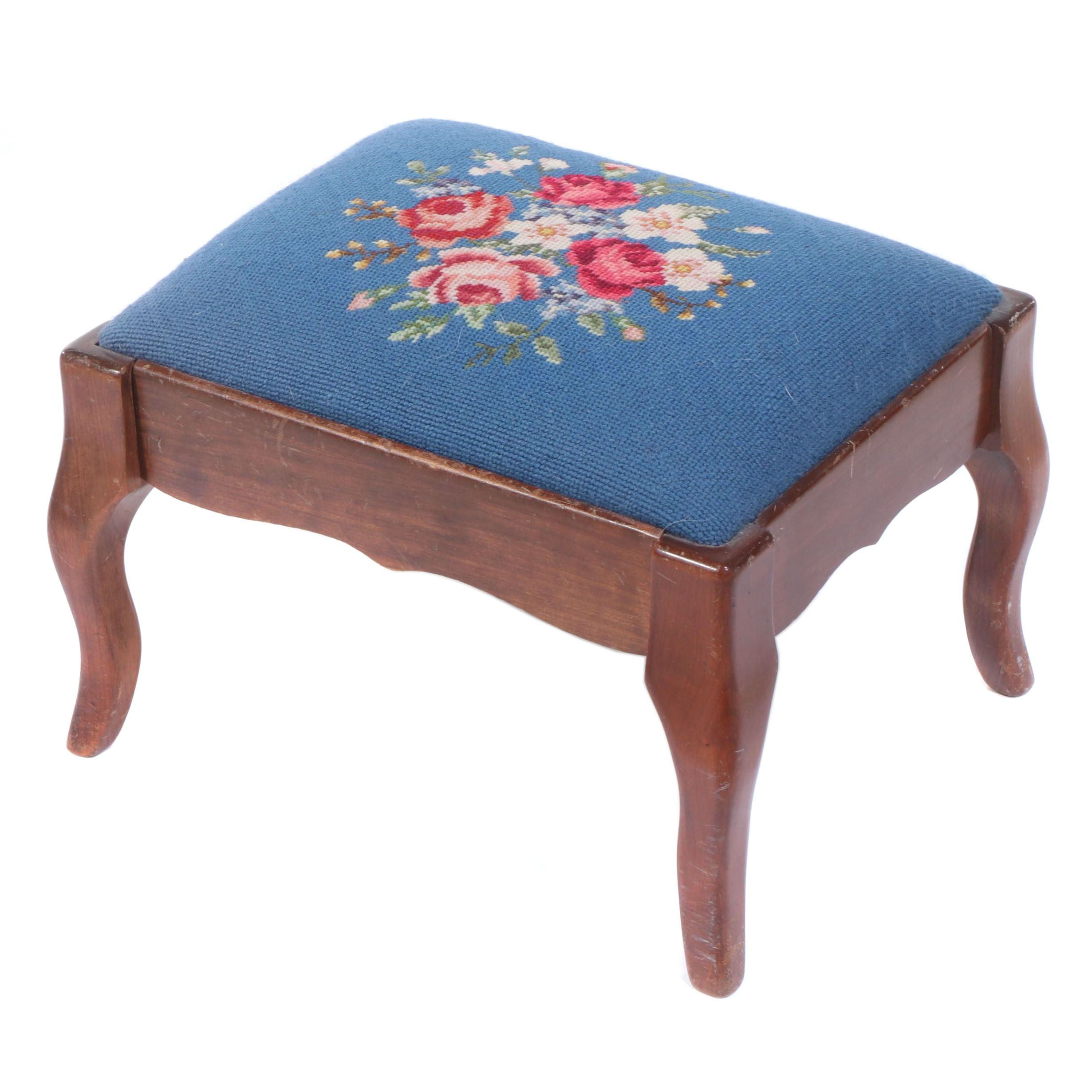 Floral Needlepoint Upholstered Wood Footstool, 20th Century