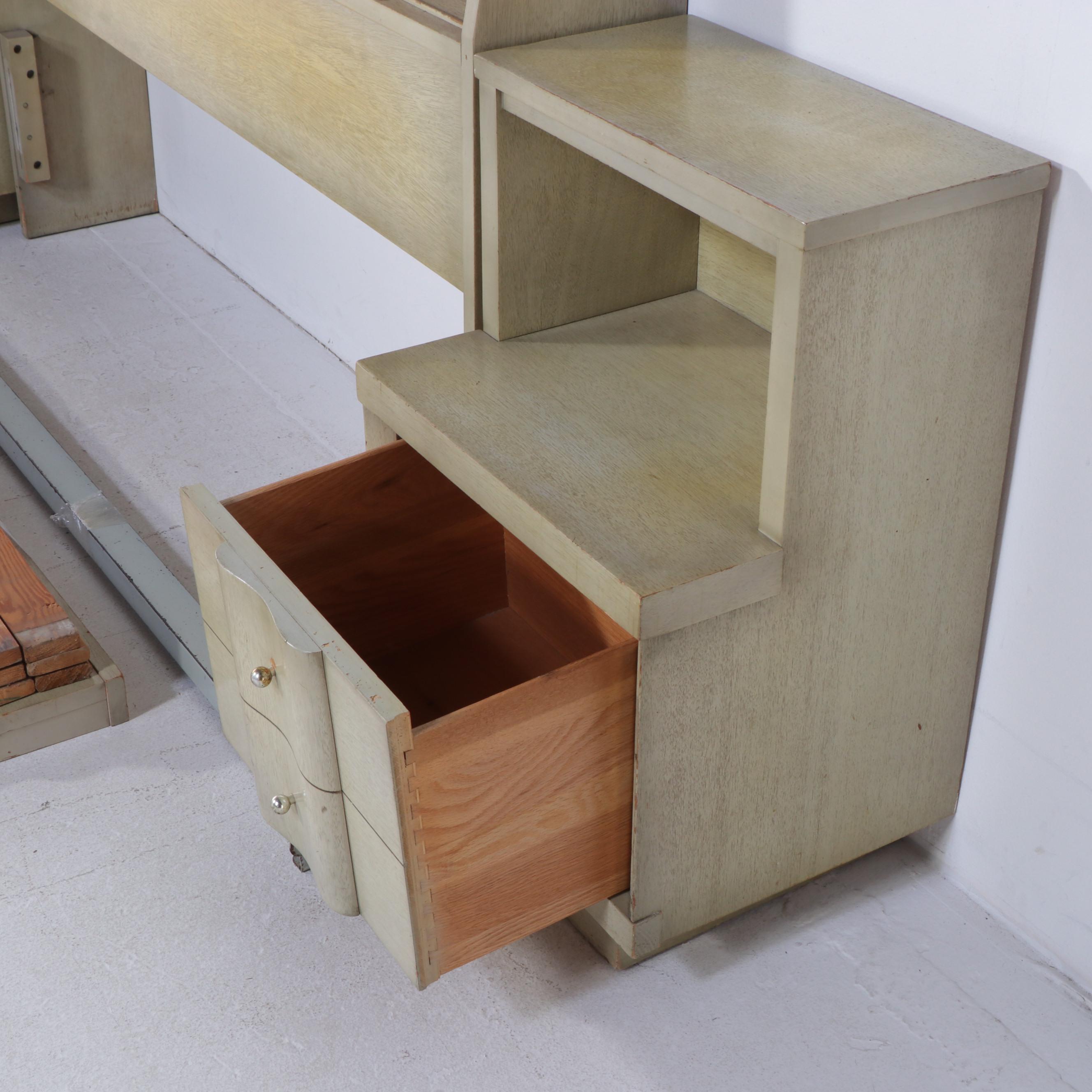 Mid Century Modern Blonde Finish Wooden Full Size Headboard and Nightstands