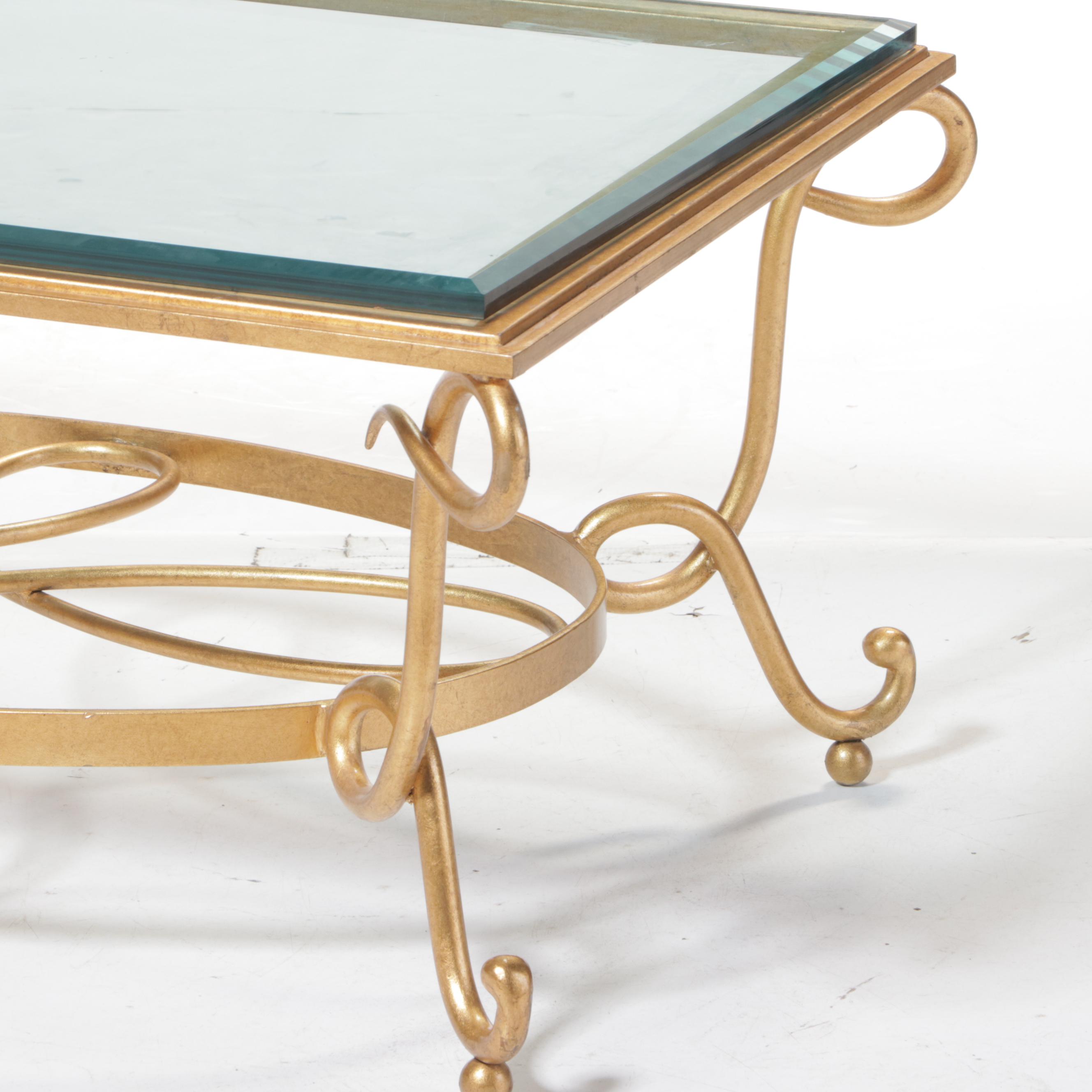 Gold-Painted Wrought and Cast Iron Glass-Top Coffee Table, Style of René Prou