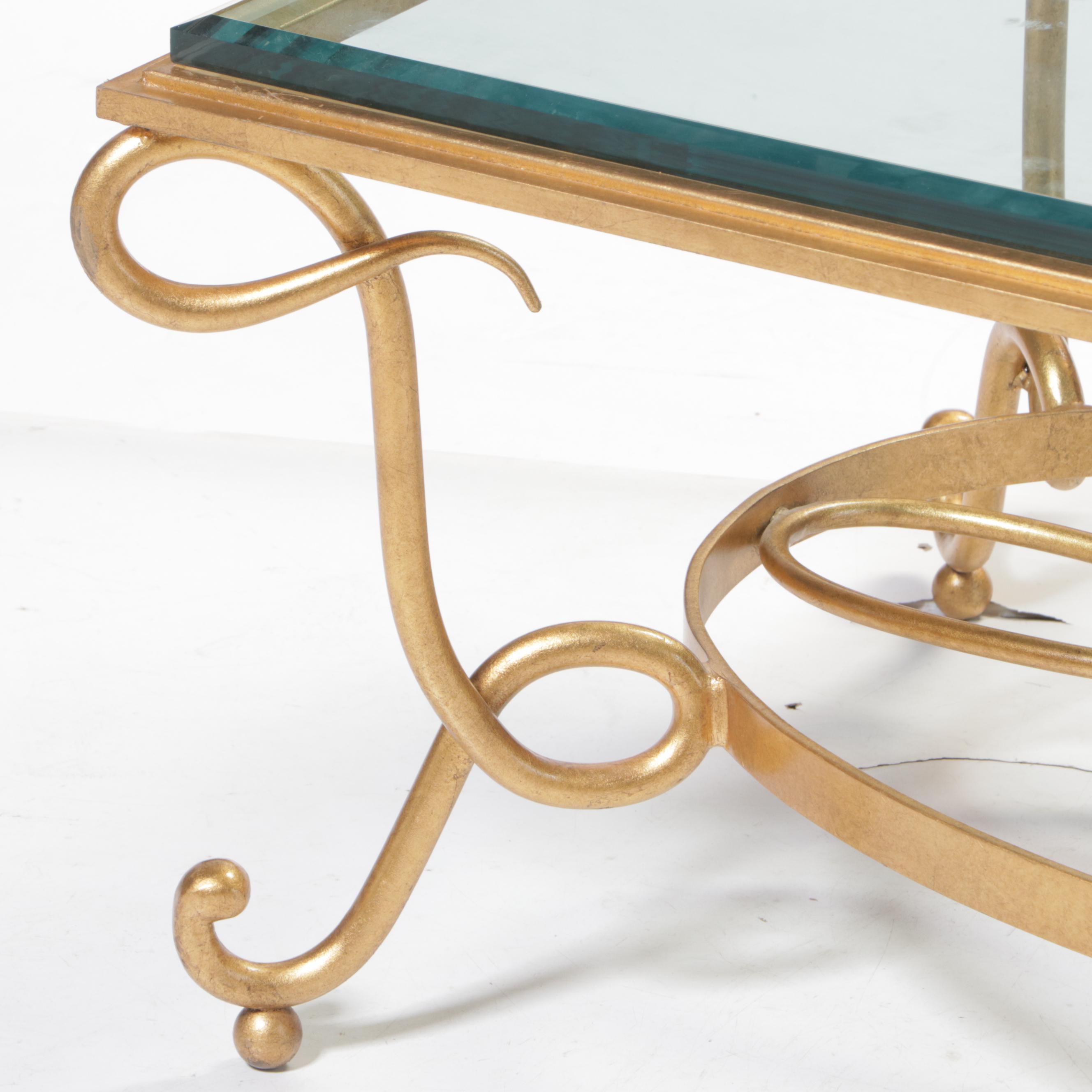Gold-Painted Wrought and Cast Iron Glass-Top Coffee Table, Style of René Prou