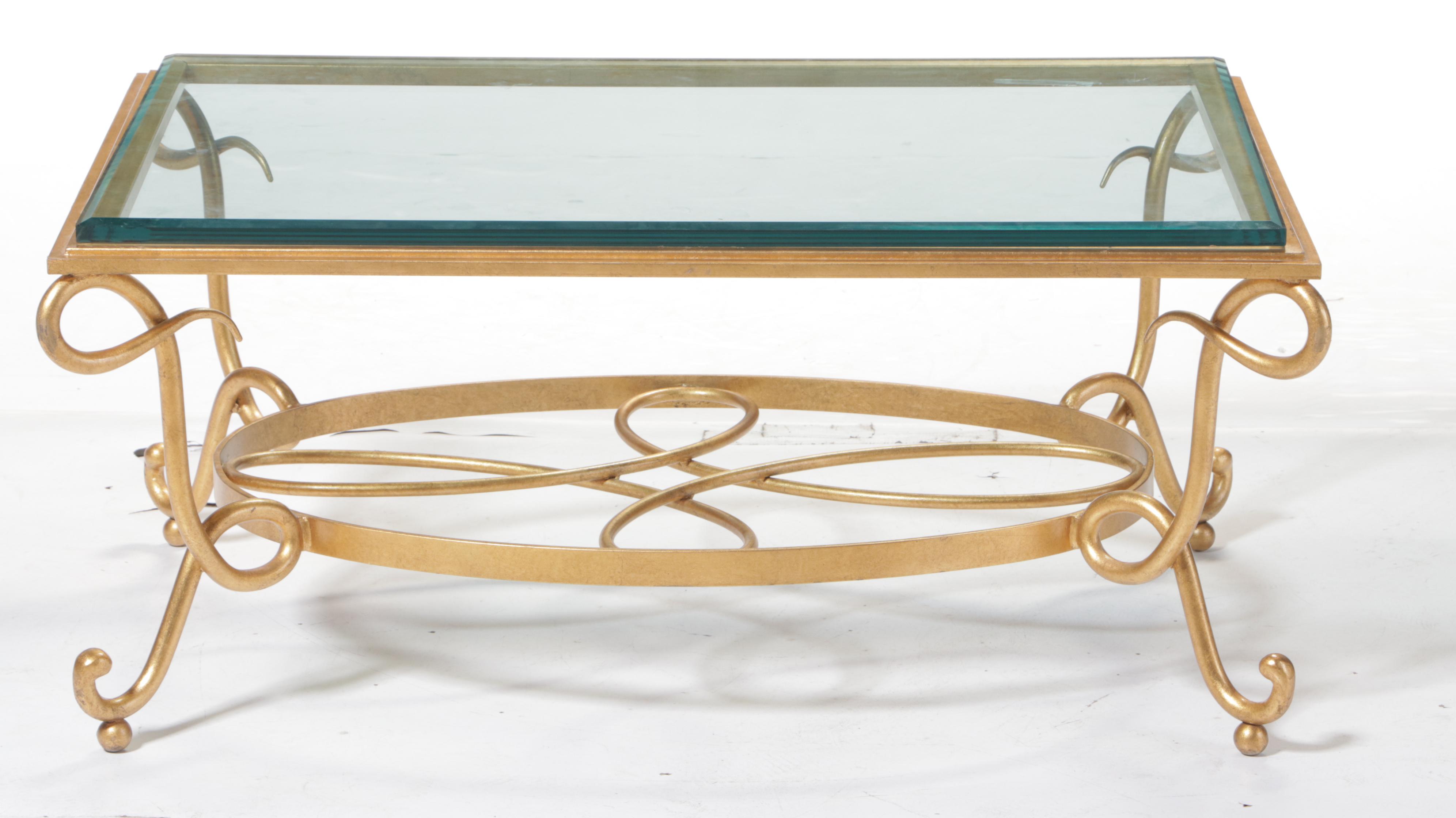 Gold-Painted Wrought and Cast Iron Glass-Top Coffee Table, Style of René Prou