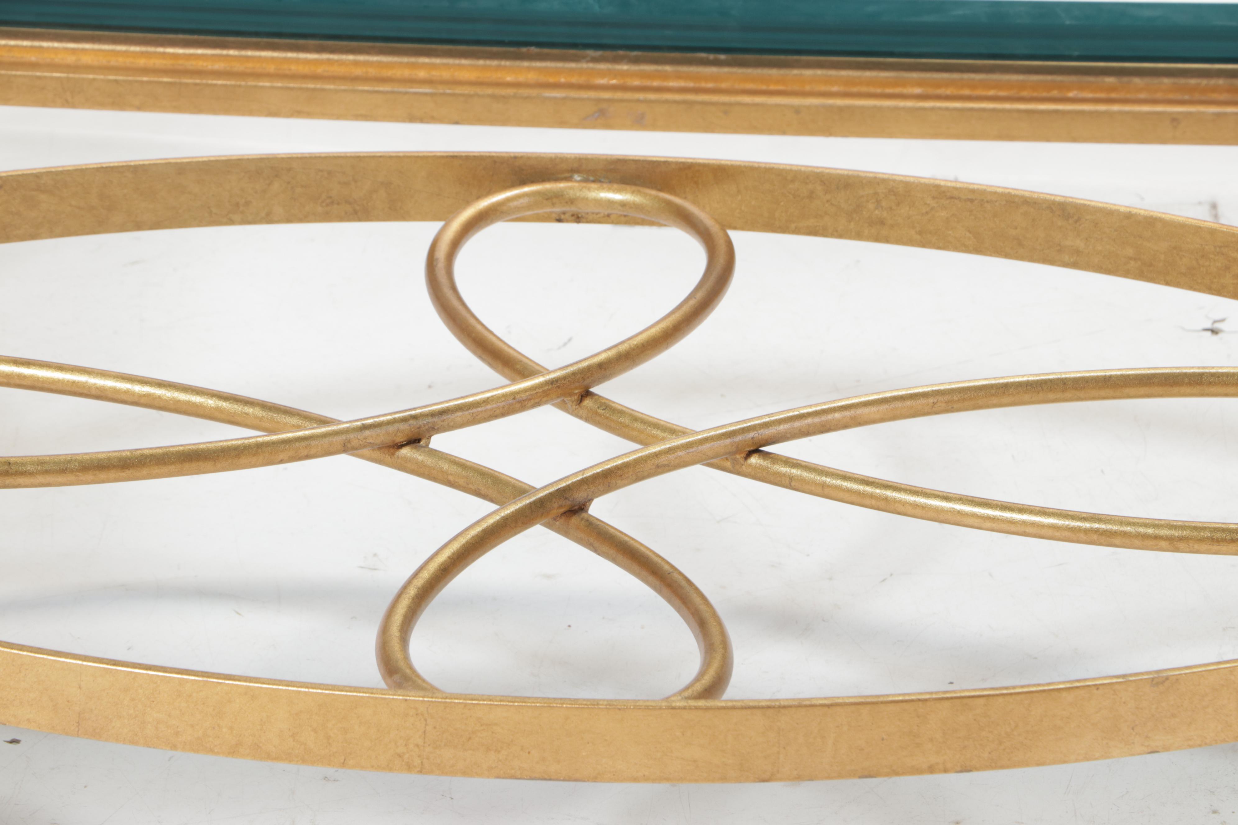 Gold-Painted Wrought and Cast Iron Glass-Top Coffee Table, Style of René Prou