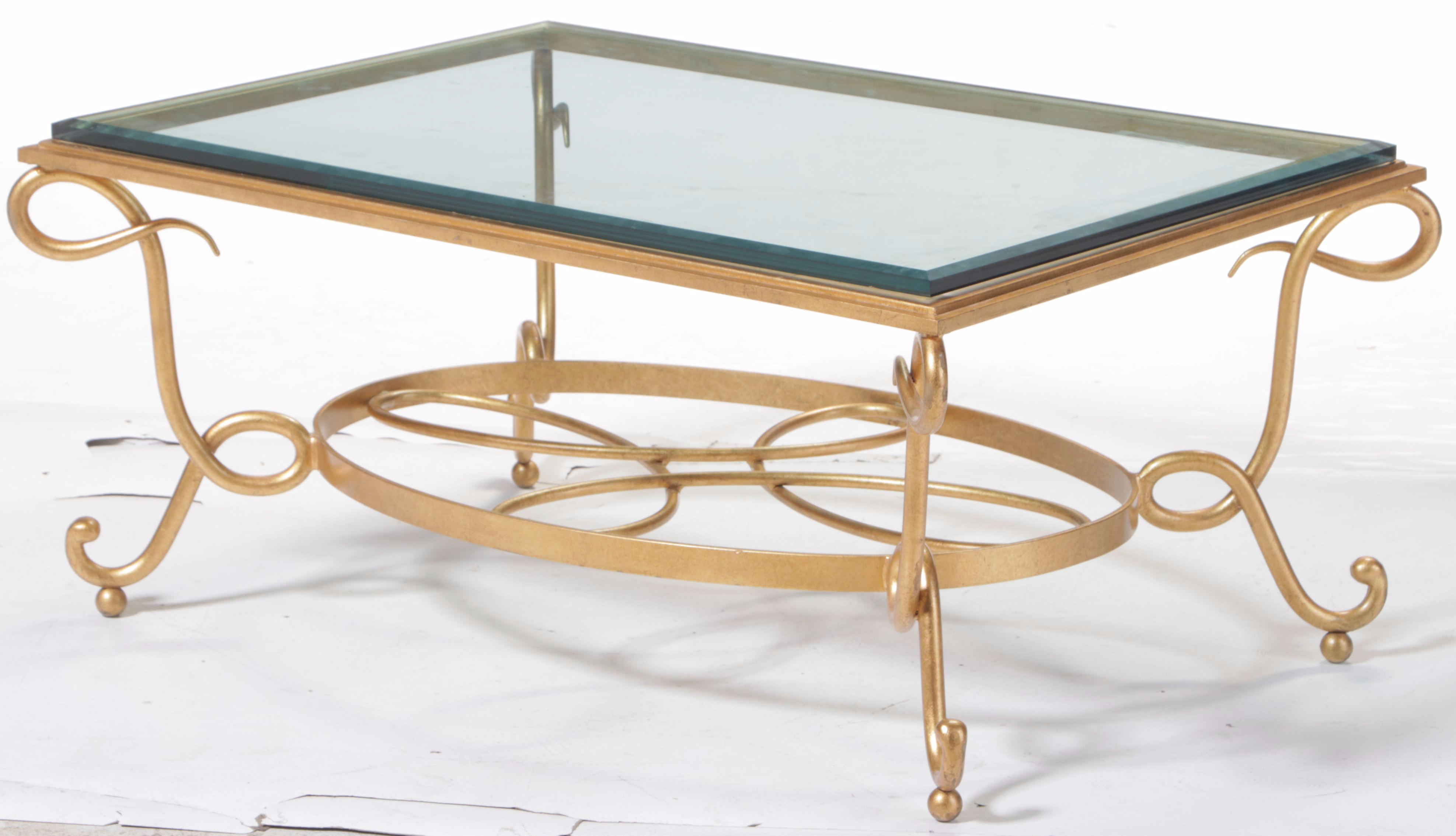 Gold-Painted Wrought and Cast Iron Glass-Top Coffee Table, Style of René Prou
