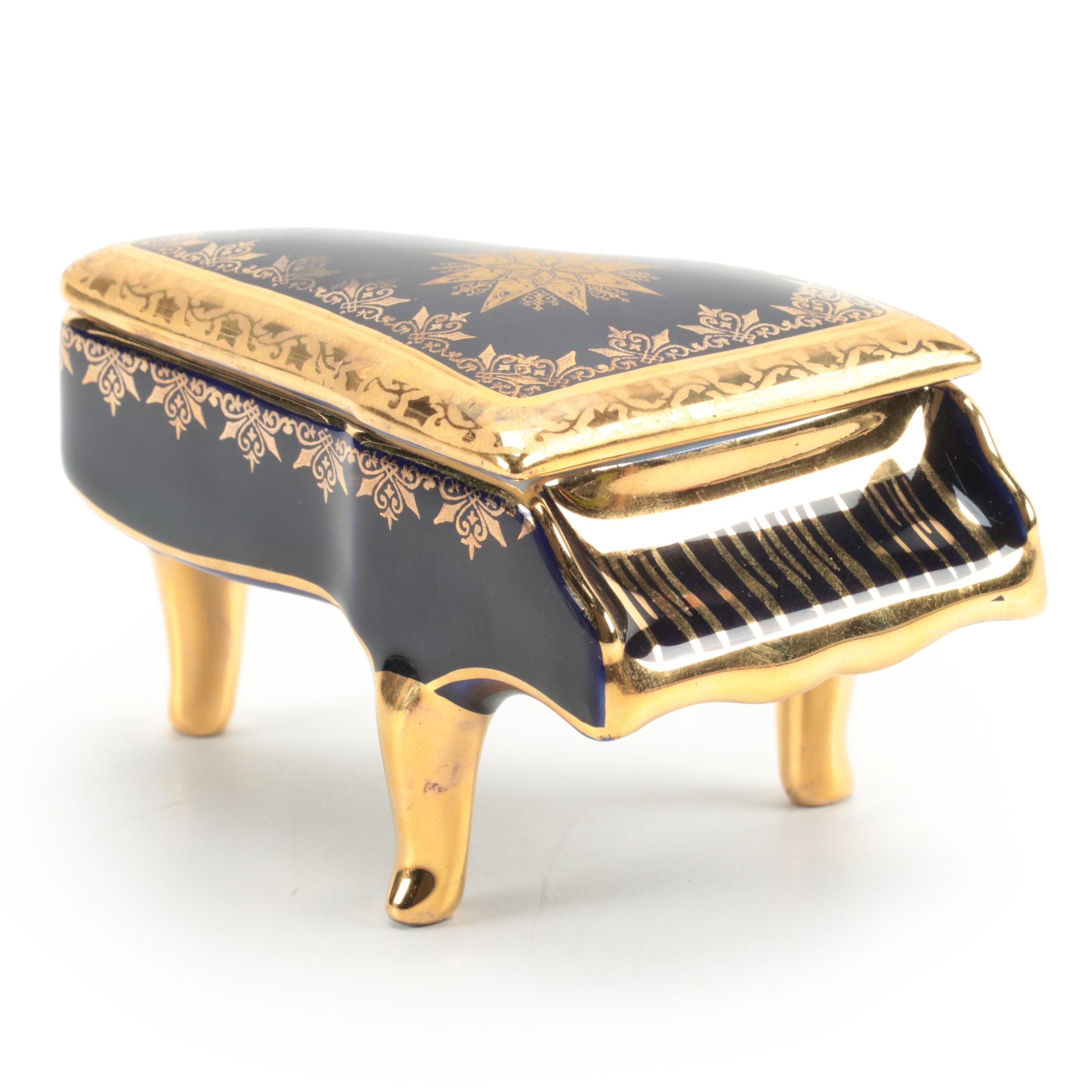 Fontanille and Marraud Limoges Gilt Cobalt Porcelain Grand Piano Trinket Box