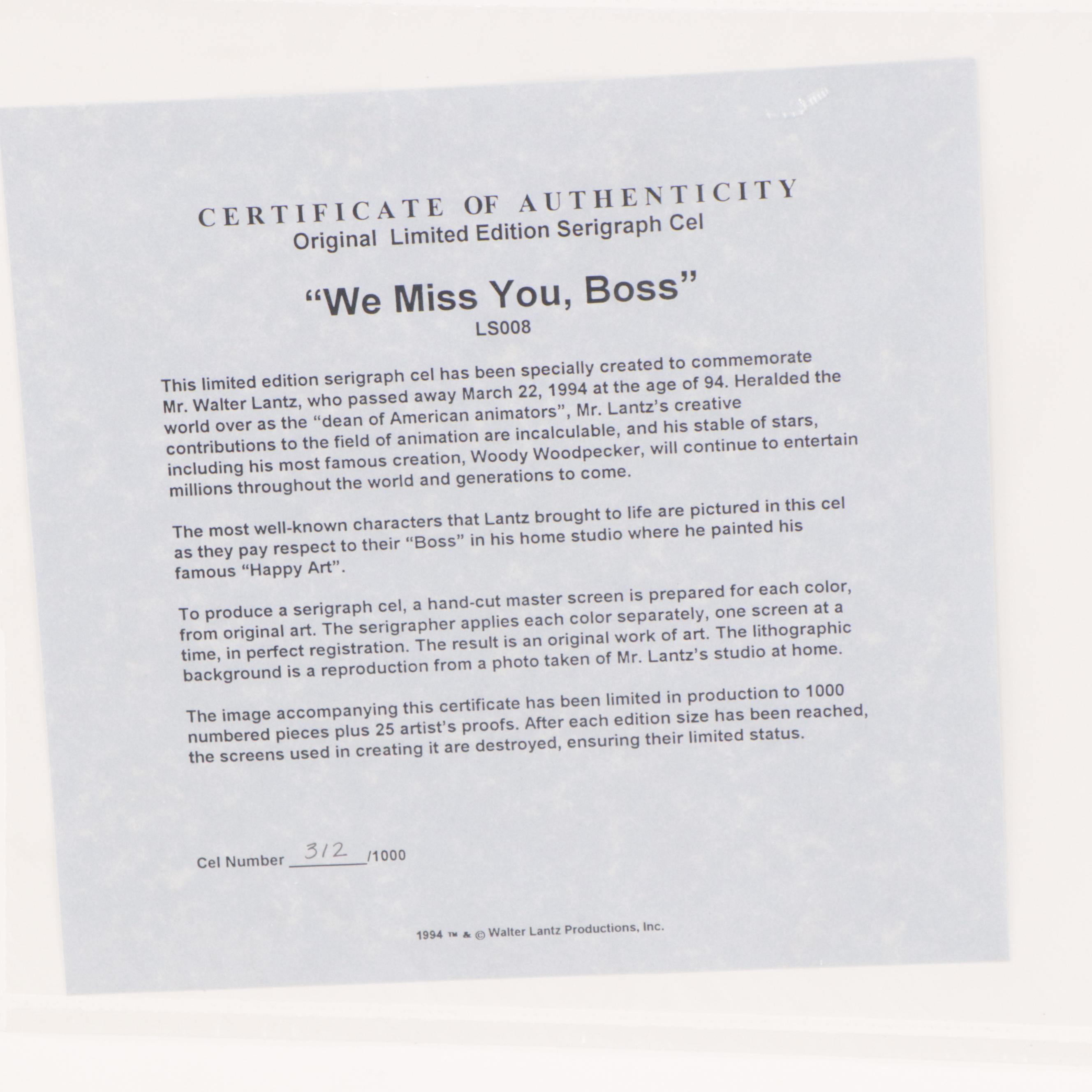 Walter Lantz Productions Sericel "We Miss You, Boss," 1994