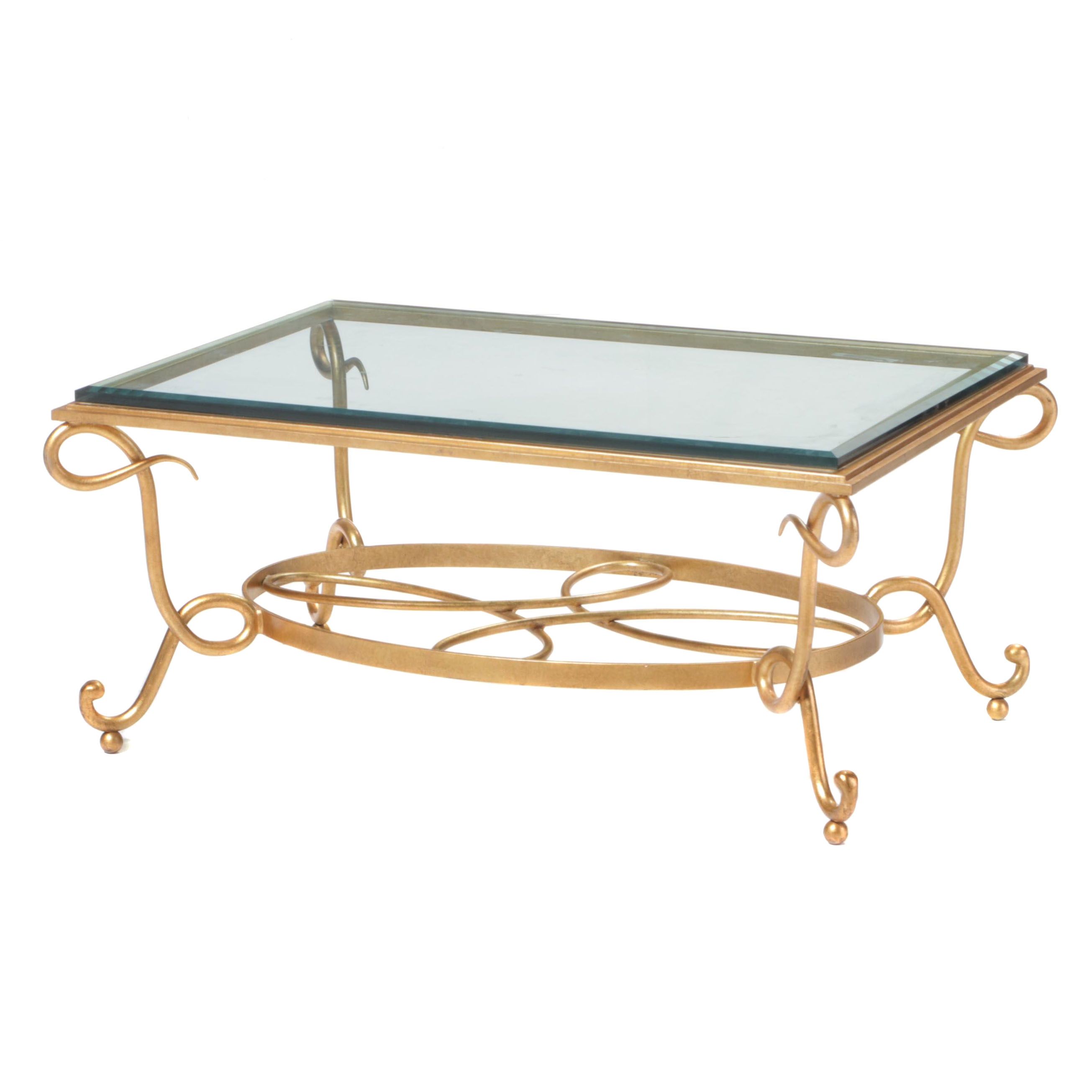 Gold-Painted Wrought and Cast Iron Glass-Top Coffee Table, Style of René Prou