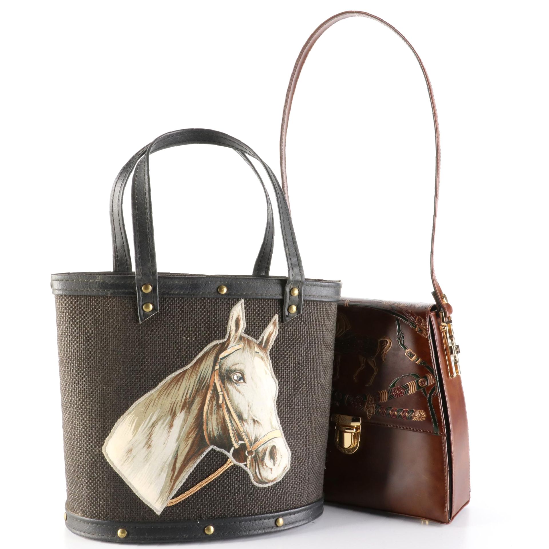 Calja Vera Pelle Shoulder Bag in Leather and Burlap Tote with Horse Motif