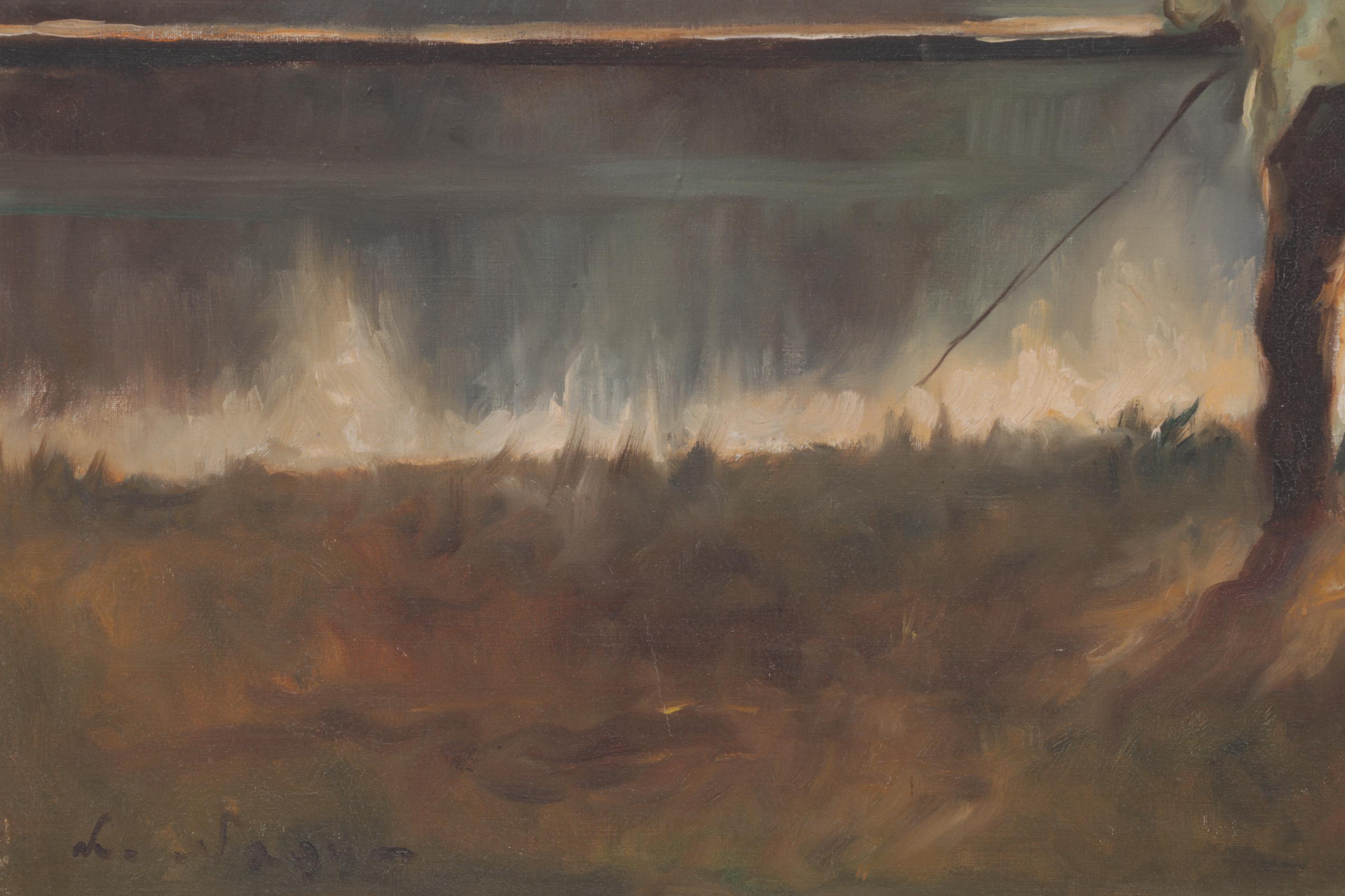 L. Sayre Oil Painting of Fishermen on Shore, Circa 1980