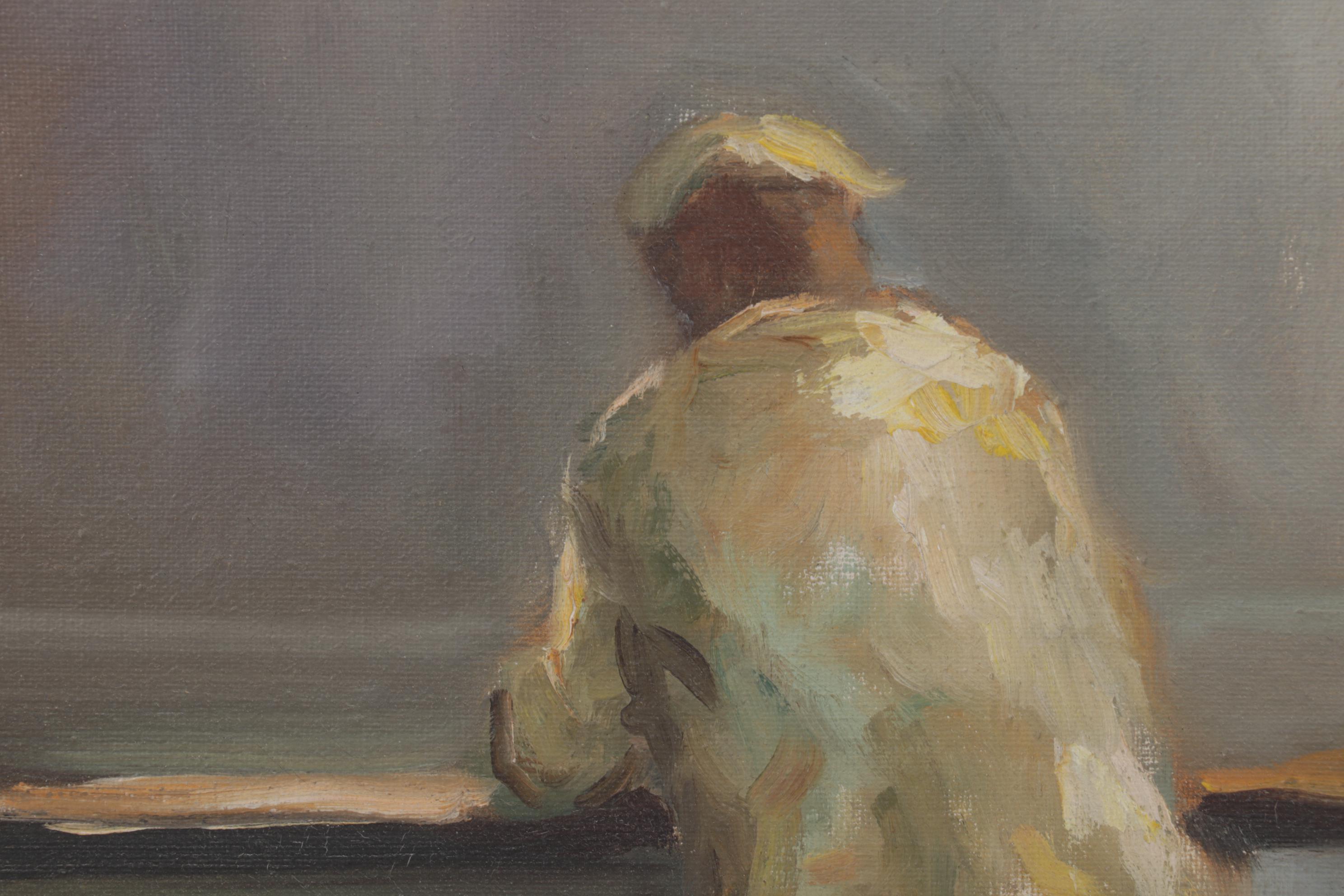 L. Sayre Oil Painting of Fishermen on Shore, Circa 1980