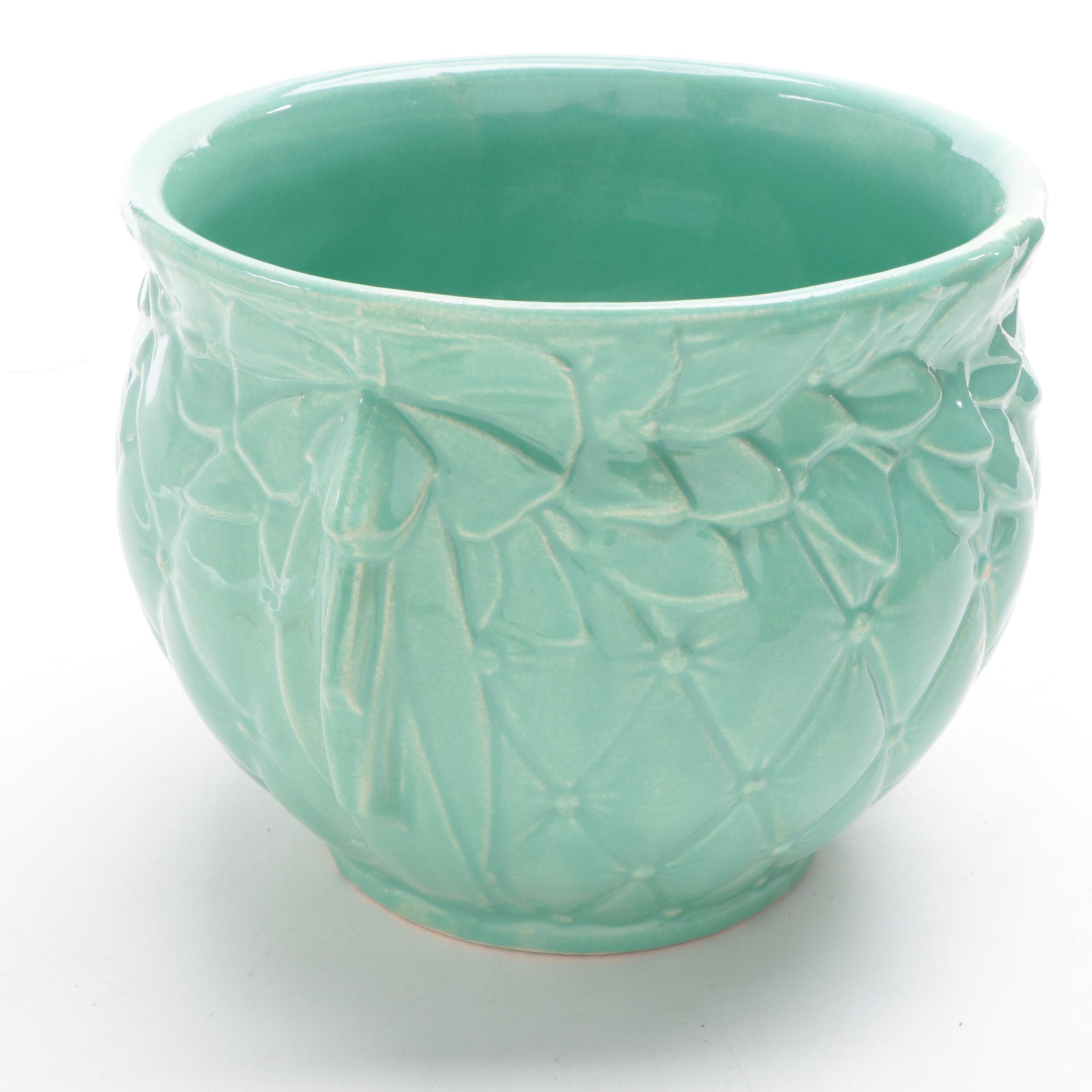 McCoy Pottery Green Glazed Leaf and Berries Quilted Planter, Mid-20th Century