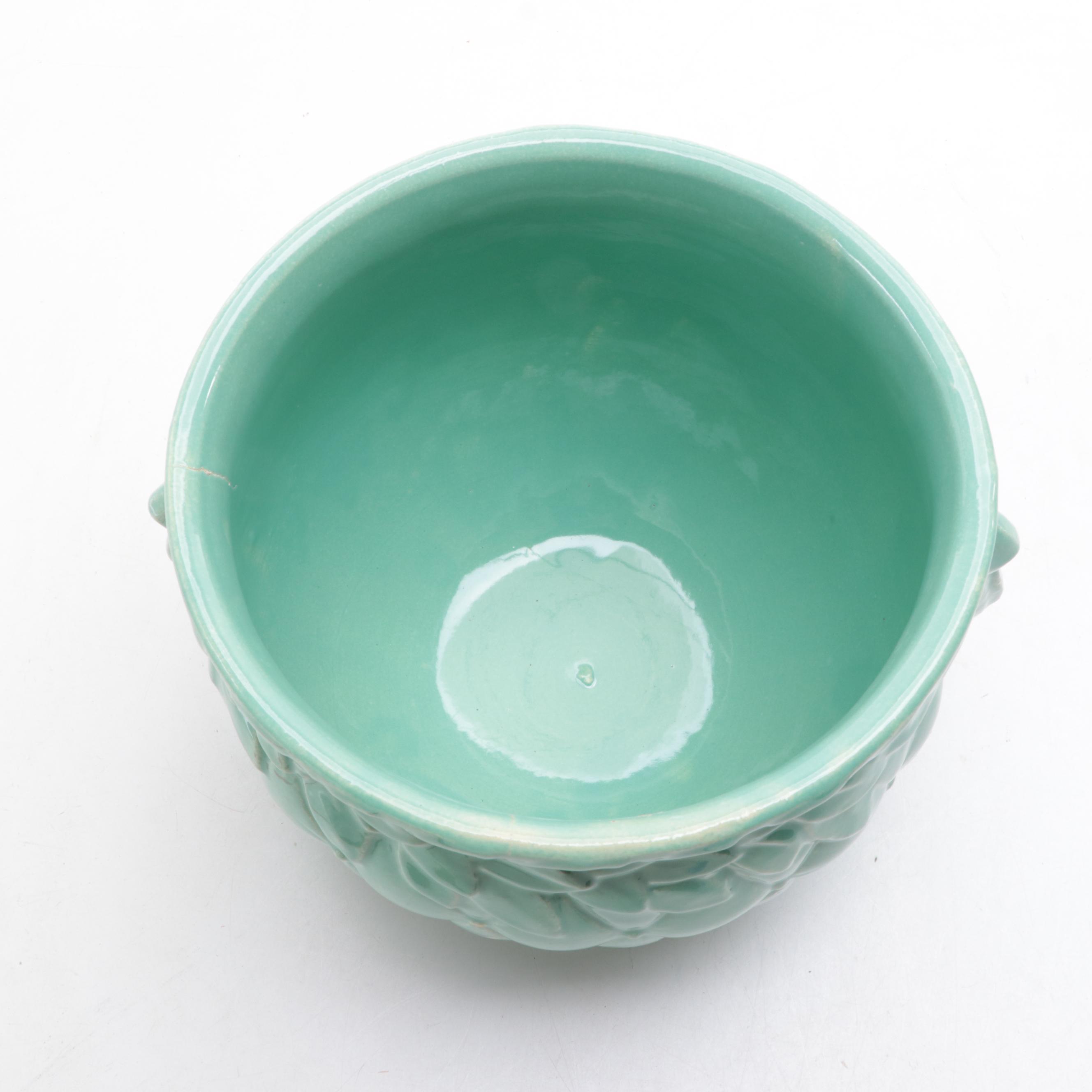 McCoy Pottery Green Glazed Leaf and Berries Quilted Planter, Mid-20th Century