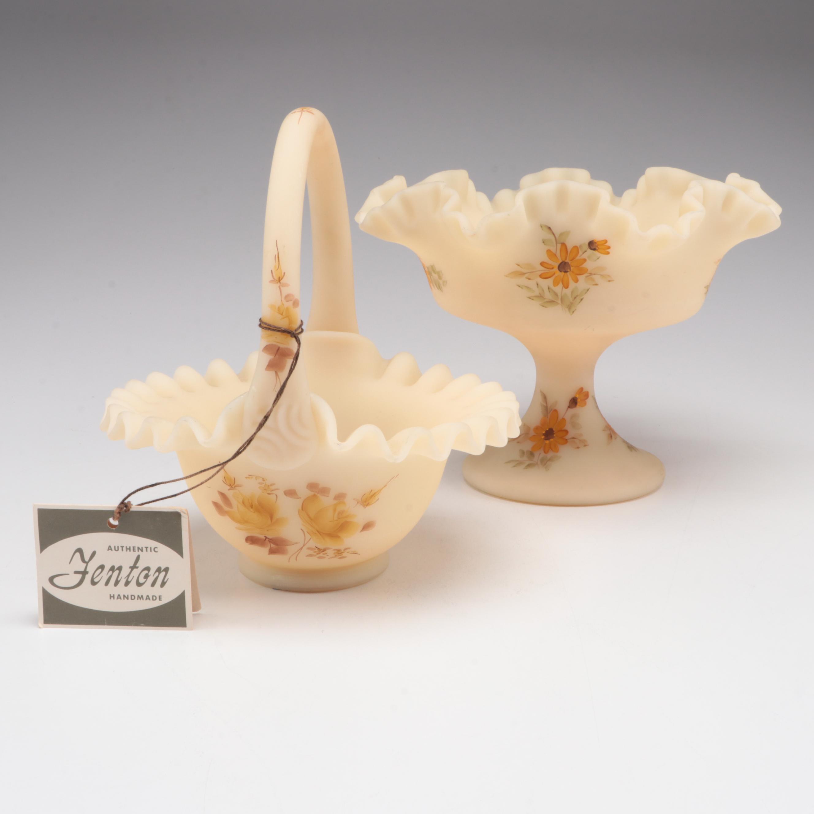 Fenton Hand-Painted Custard Glass Bowl and Compote